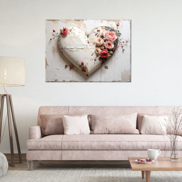 Obraz do salonu sypialni, 3D Serce miłość kwiat róży w stylu shabby 30x20