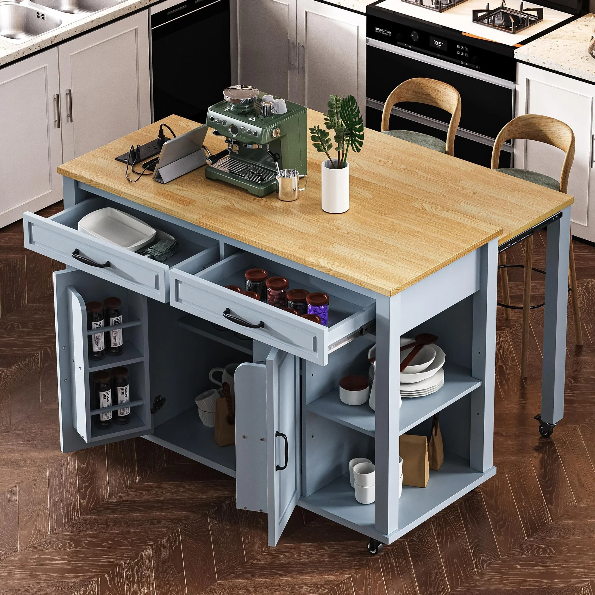 47'' Rubber Wood Kitchen Island with Extendable Dining Table, Internal Storage Rack, Power Outlet, Storage 2 Drawers, 2 Cabinet