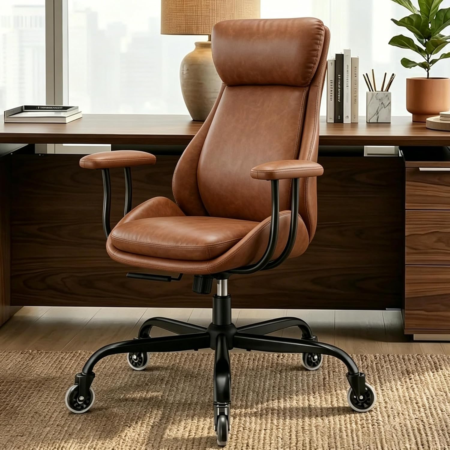 E-Motie Office Chair, Leather Desk Chair with Rubber Wheels, Ergonomic Computer Chair 500 LBS with Lumbar Support, High Back Executive Chair for Modern Home Office, Brown