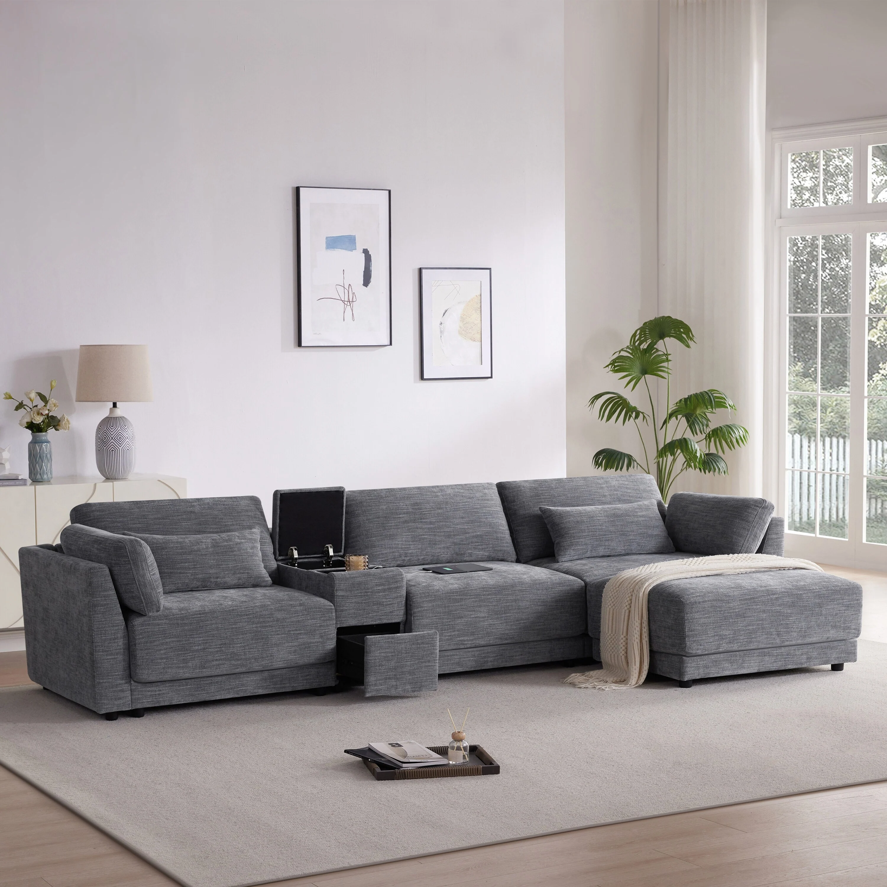 Modern Sectional Sofa with Extra Wide Seats and Charging Console and Storage Ottoman for Living Room or Guest Room