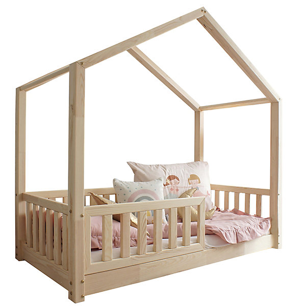 Lit cabane 90x190 barrière et sommier inclus pieds 1 cm Roxane Bois