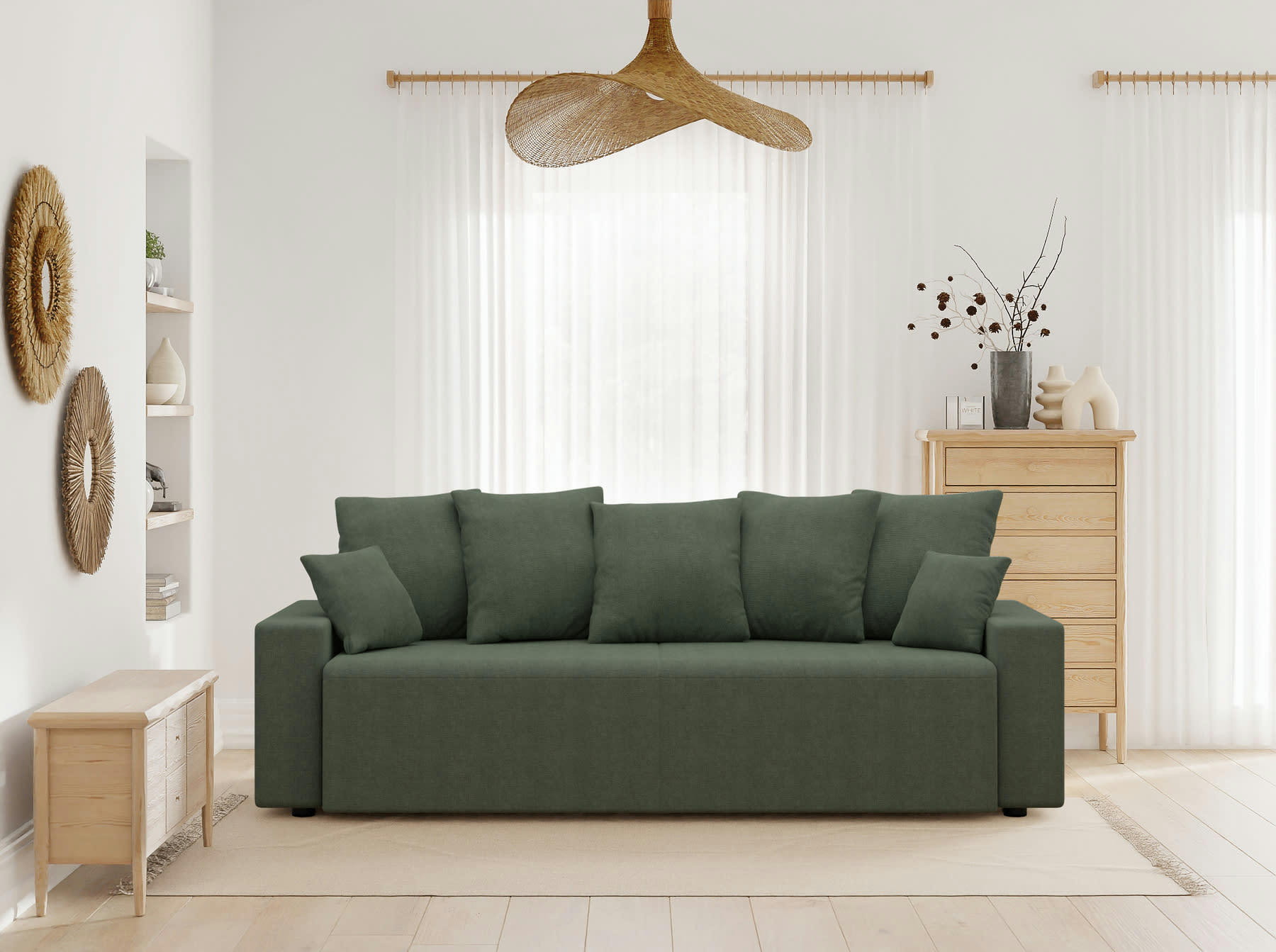 ALMA - Canapé droit convertible en tissu 3 places vert