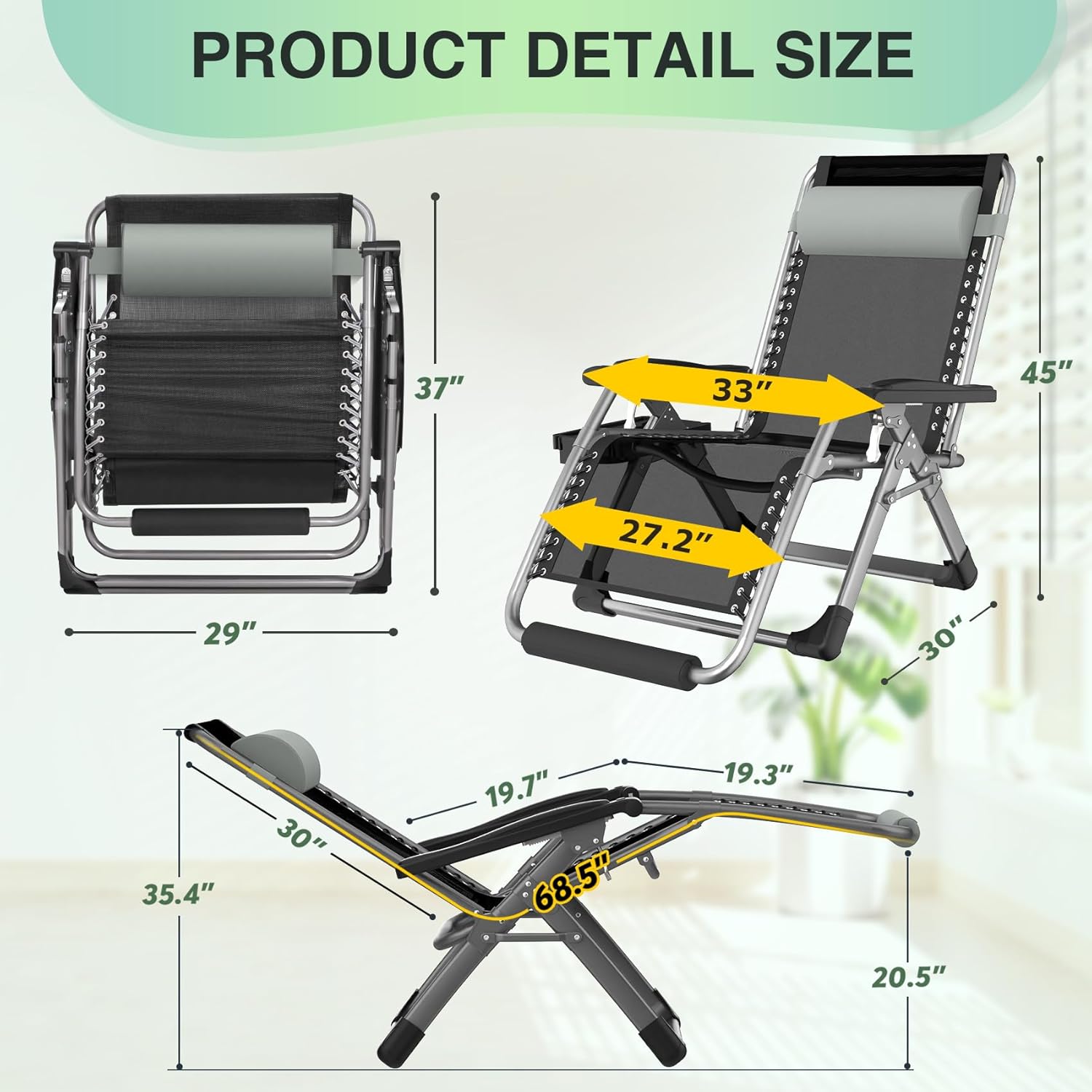 Suteck Oversized Zero Gravity Chair,33In XXL Outdoor Recliner Chair w/Removable Cushion&Headrest, Camping Lounge Chair w/Upgraded Lock&Footrest, Reclining Patio Chairs for Indoor Outdoor,500LBS