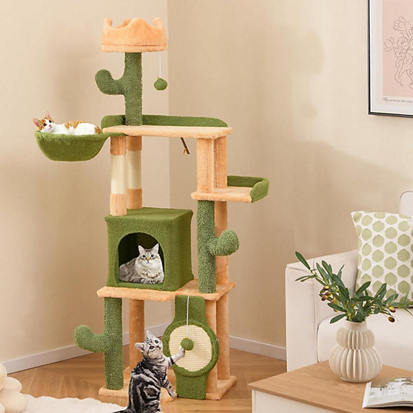 Arbre à Chat Cactus Haut 160cm, 5 Niveaux avec Perchoir, Hamac, Nid et Griffoirs en Sisal, avec 2 Boules ,Vert et Orange