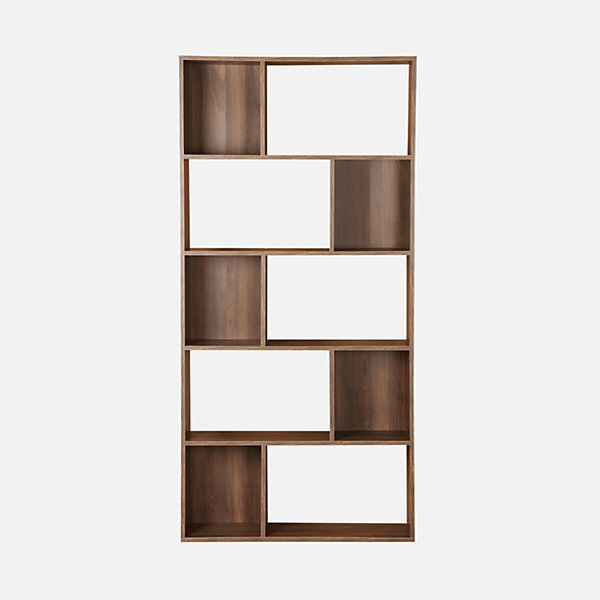 Bibliothèque design asymétrique couleur bois foncé noyerPieter 5 étagères. 10 compartiments de rangement. 83x23x173cm