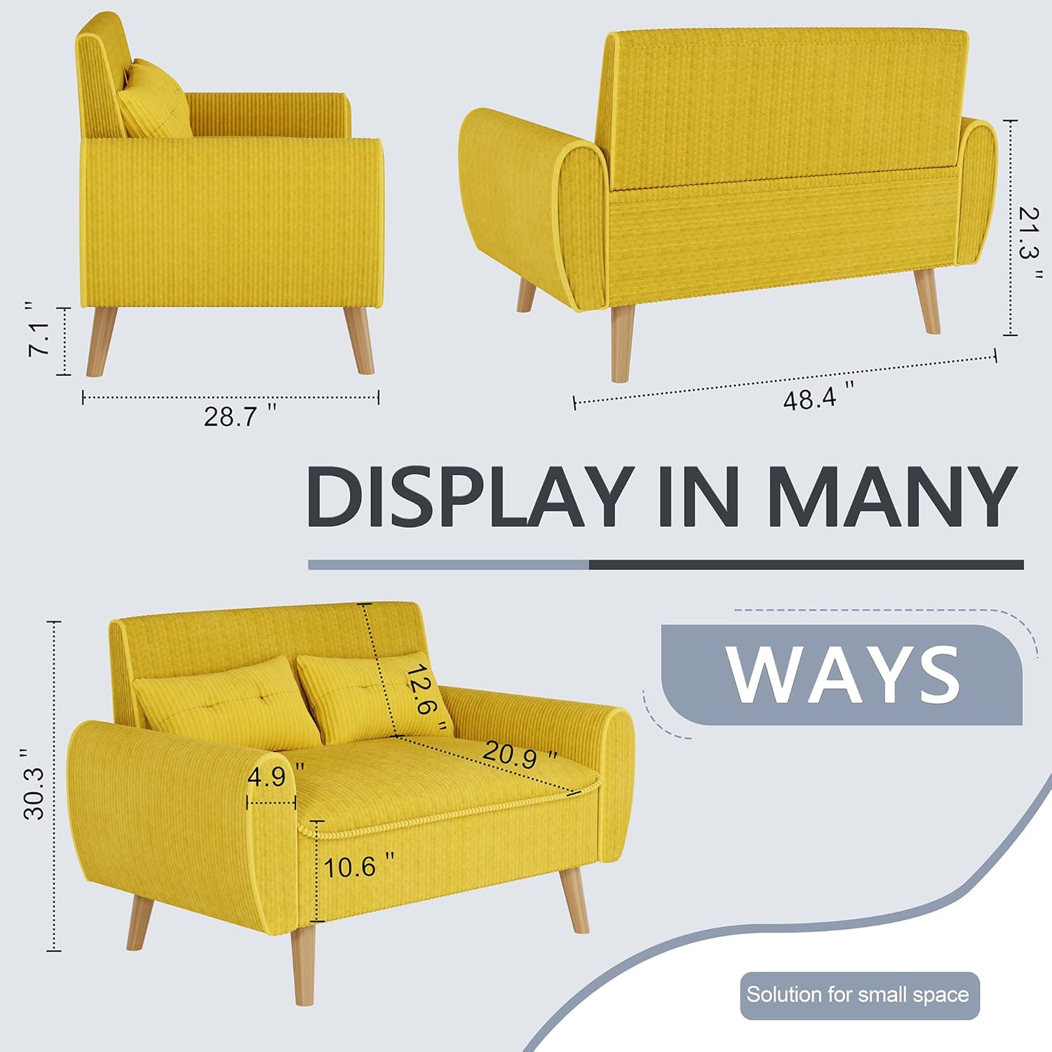 Shintenchi 47 Small Modern Loveseat Couch Sofa, Fabric Upholstered 2-Seat Sofa, Love Seat Furniture with 2 Pillows, Wood Leg for Small Space, Living Room, Bedroom, Apartment, Yellow