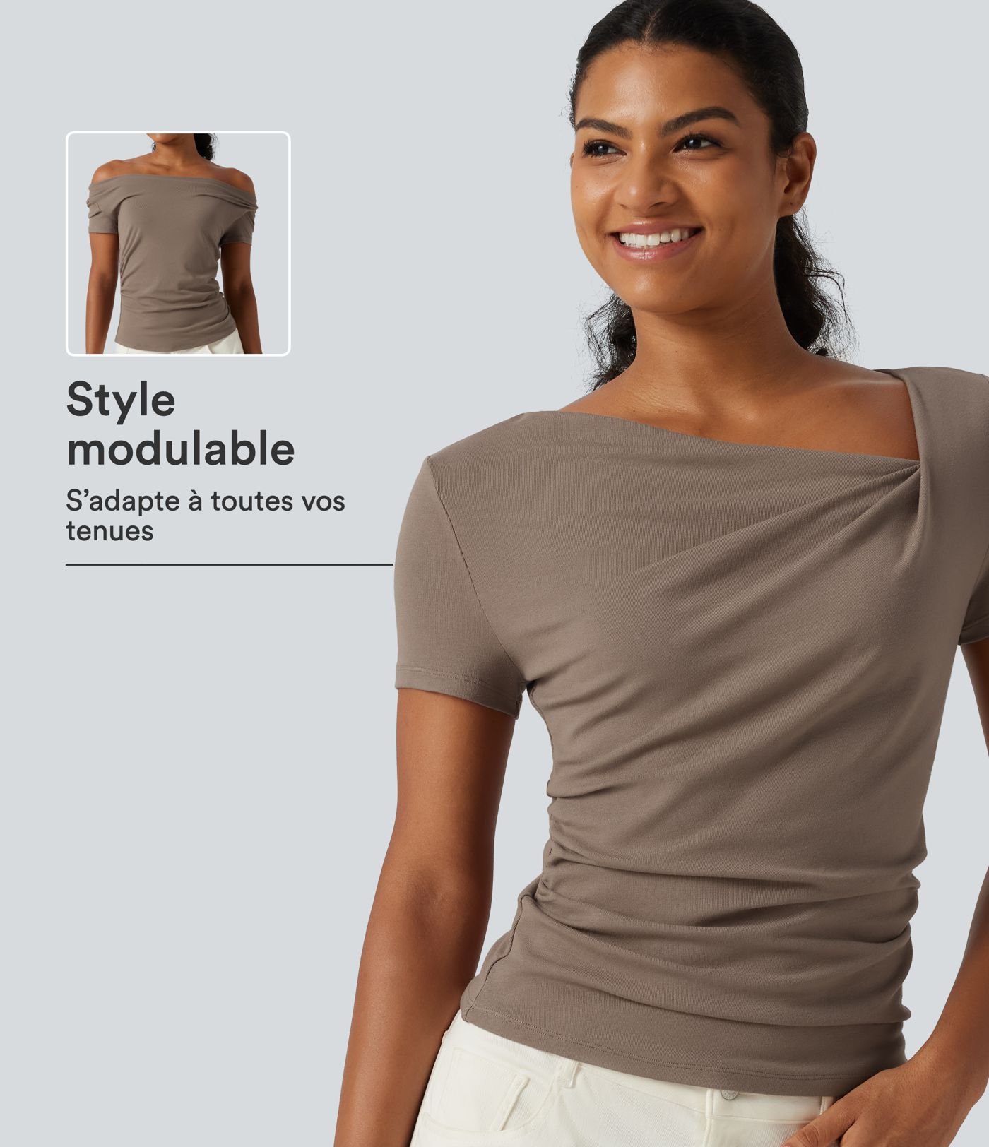 T-shirt en maille côtelée à encolure asymétrique, manches courtes et fronces