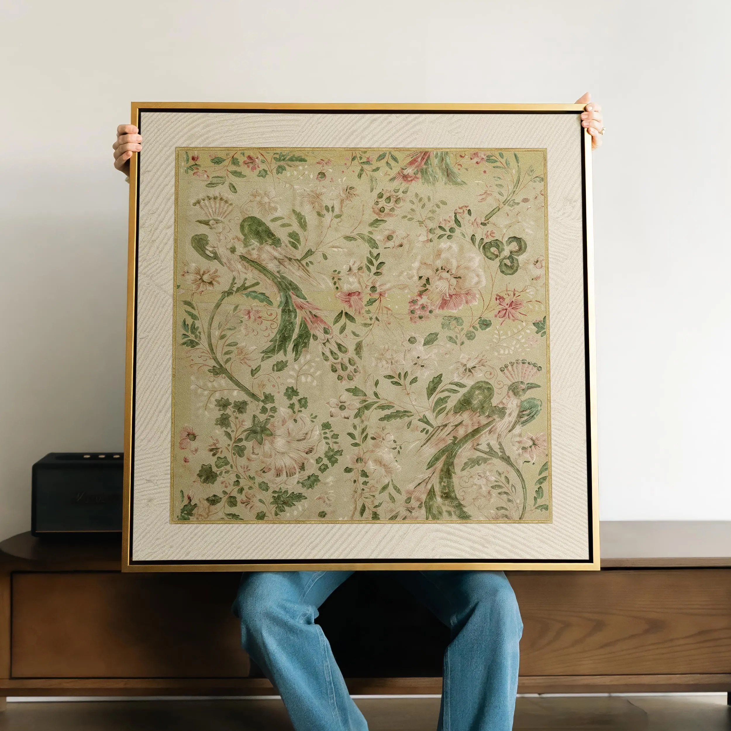 Vintage Textile Print Framed Canvas, Antique French Fabric Wall Art, Chinoiserie Bird and Floral Decor