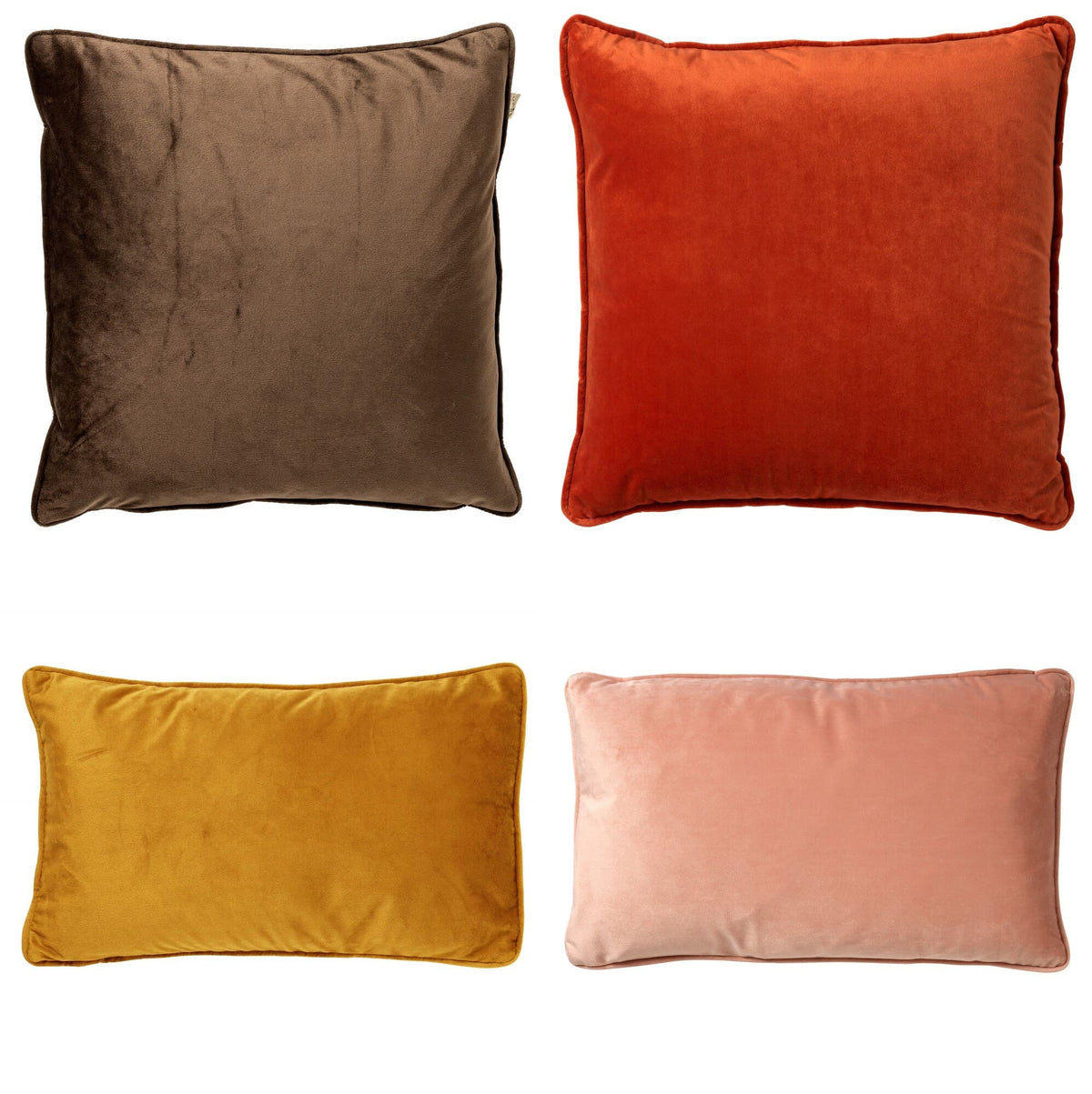 KUSSENSET - 4-delig - Matching Velvets - 45x45 cm en 30x50 cm - inclusief binnenkussens - bruin, oranje, geel, roze