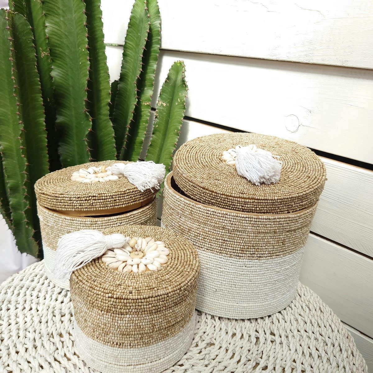 INDY - Boîtes en bambou et perles, blanc/beige - lot de 3