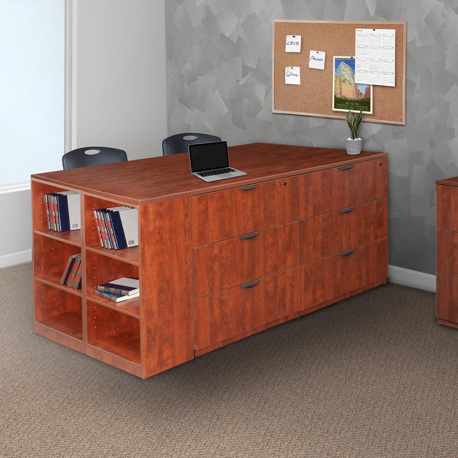 Regency Legacy Stand Up 2 Lateral File/ 2 Desk Quad with Bookcase End- Cherry