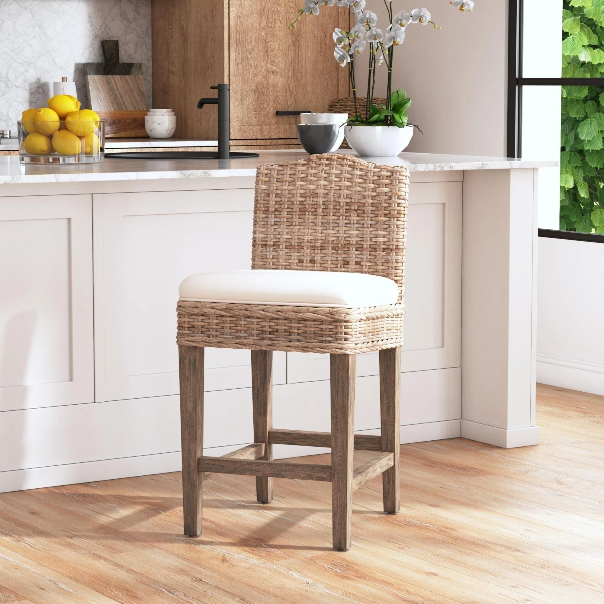 Duvall Grey Washed Rattan Cushioned Stool by East at Main