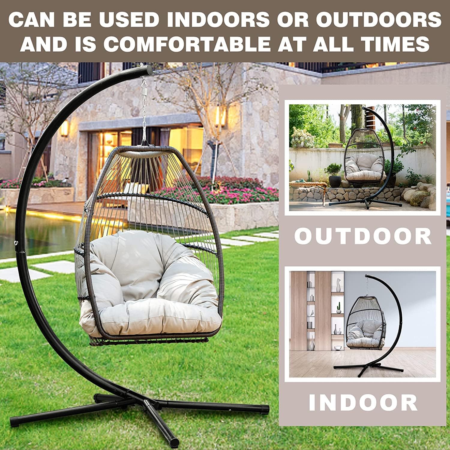 Hanging Egg Swing Chair Outdoor Hammock with Stand, Wicker Rattan Patio Chair, Swings for Adults, Chairs Outside, Patio, Bedroom, Garden & Balcony