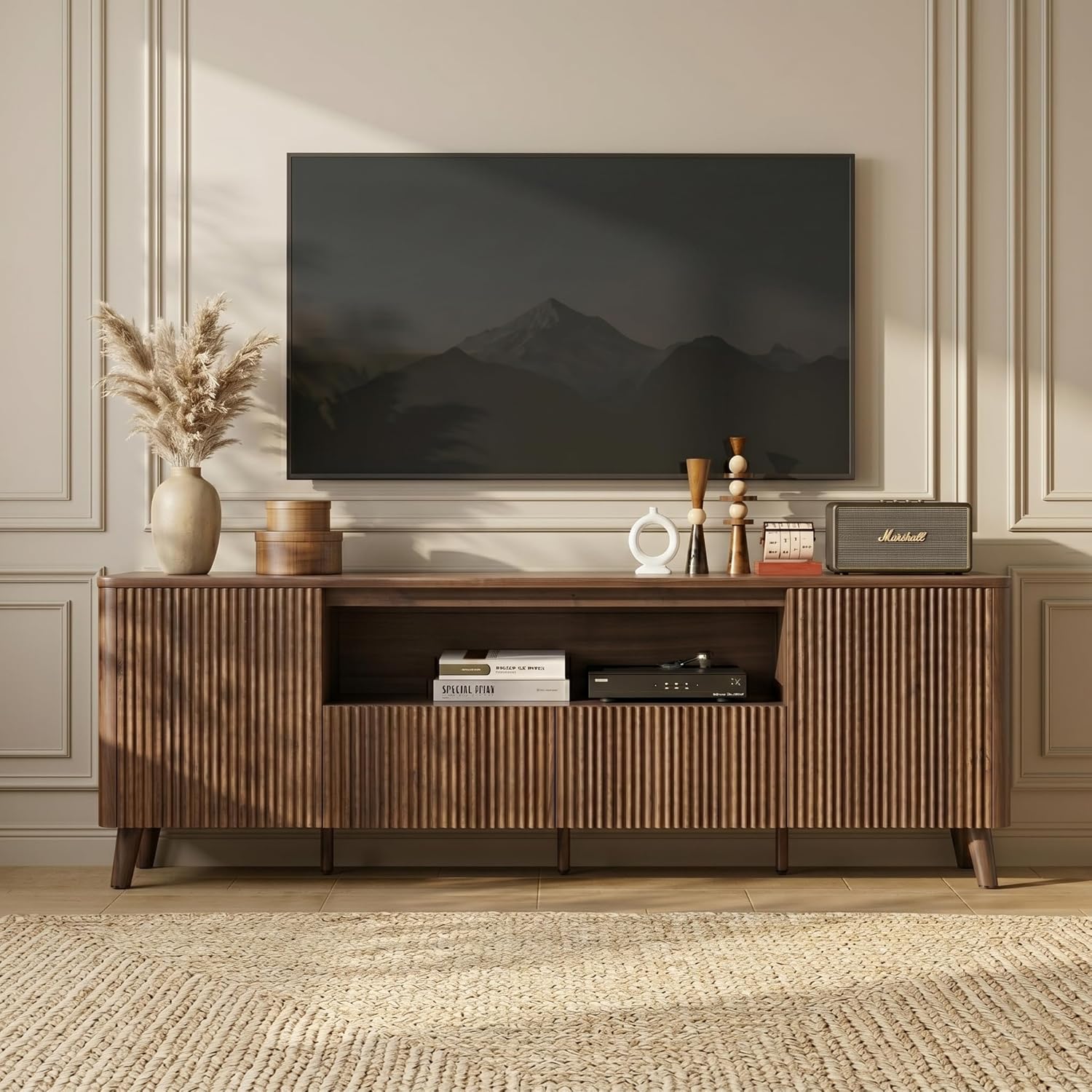 CHITA TV Stands for Living Room, Mid Century Modern TV Stand for 80 inch TV with Storage, Drawers, Adjustable Shelves, Walnut