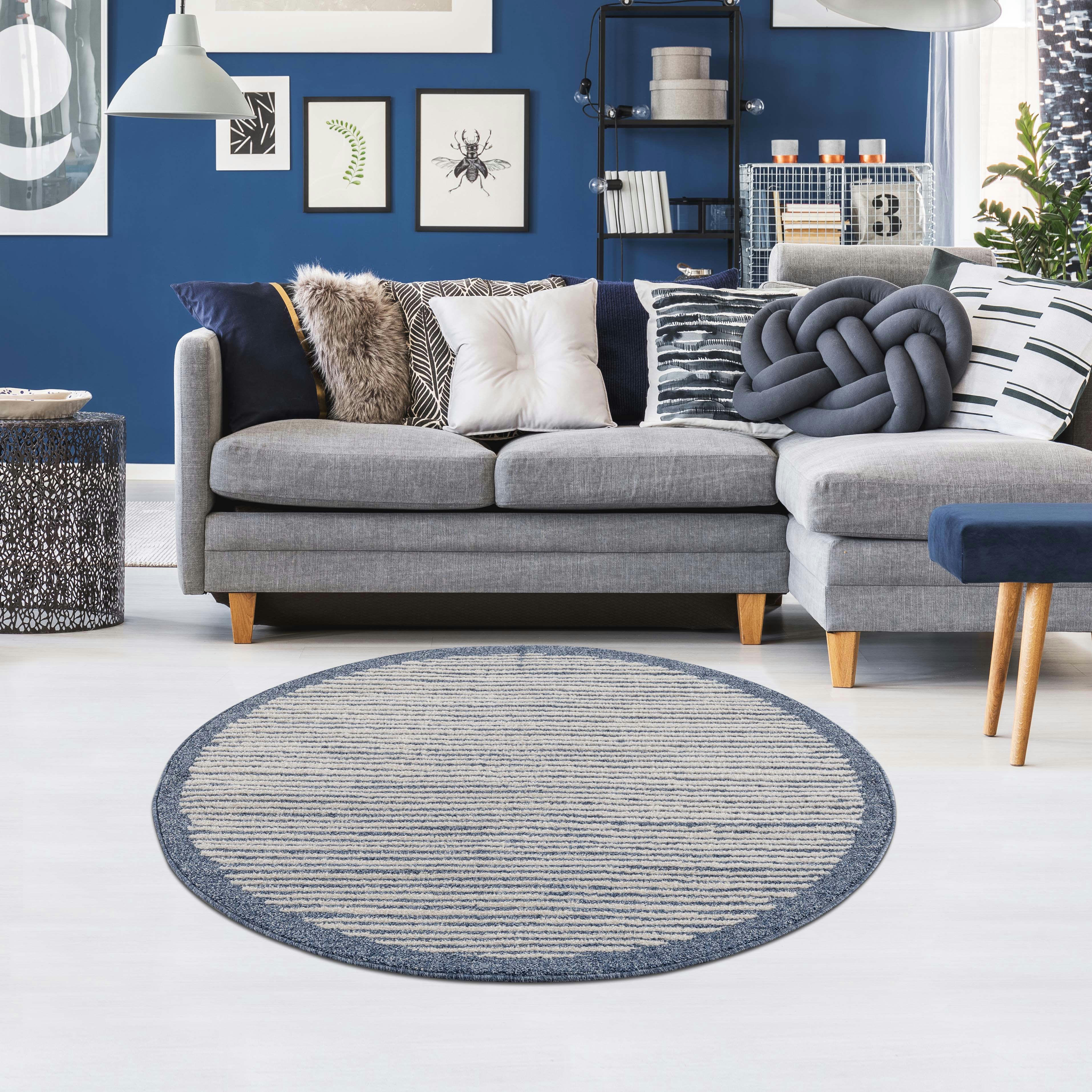 FLÄT - Tapis rond scandinave tressées bleu et crème 200x200cm