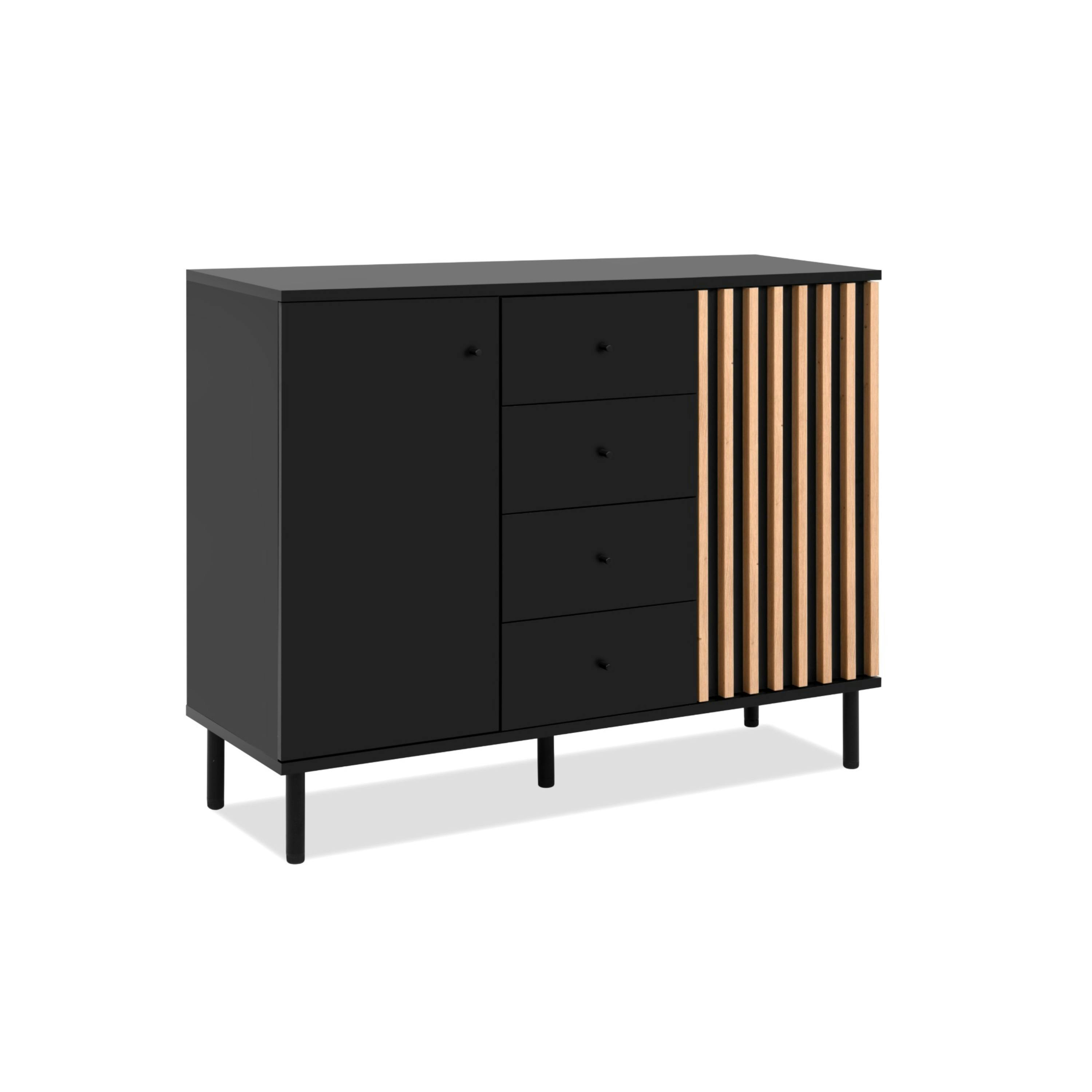 Buffet design noir et décor bois 2 portes 4 tiroirs NOREN