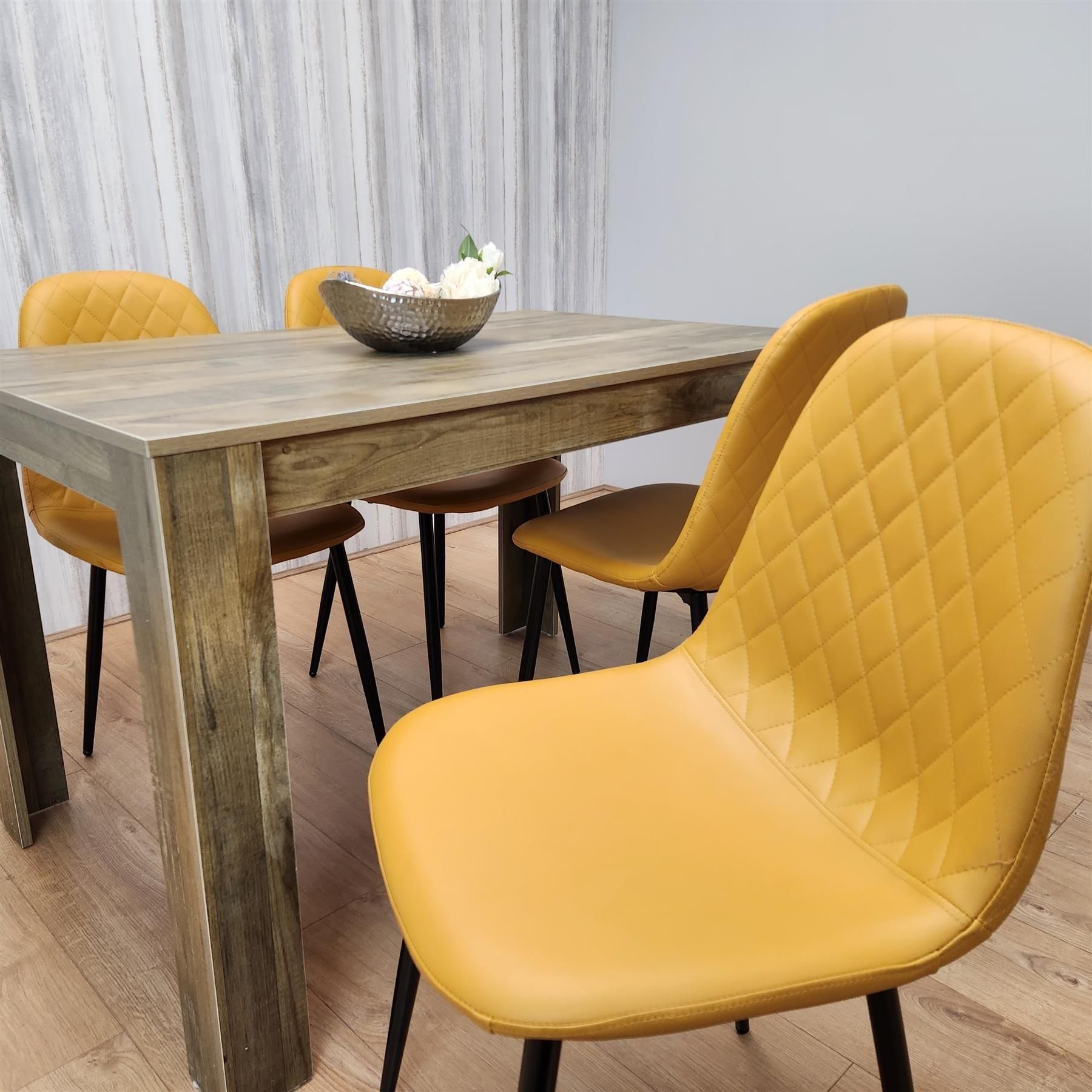 KOSY KOALA Rustic Effect Wooden Dining Table Set with 4 Mustard Gem Pattern Chairs Dining Room Furniture