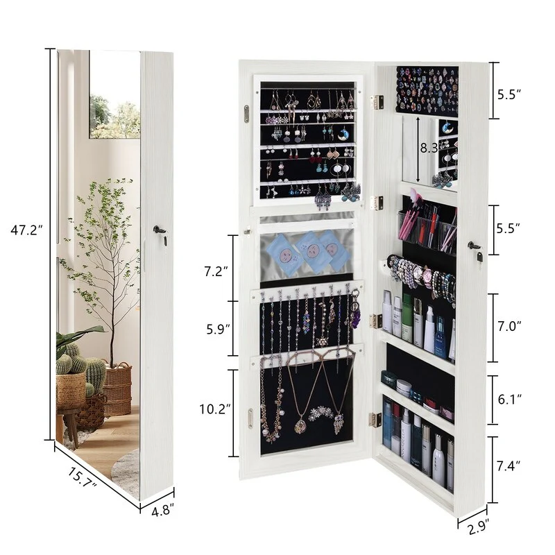 Full Mirror Wood Grain White Jewelry Armoire Cabinet