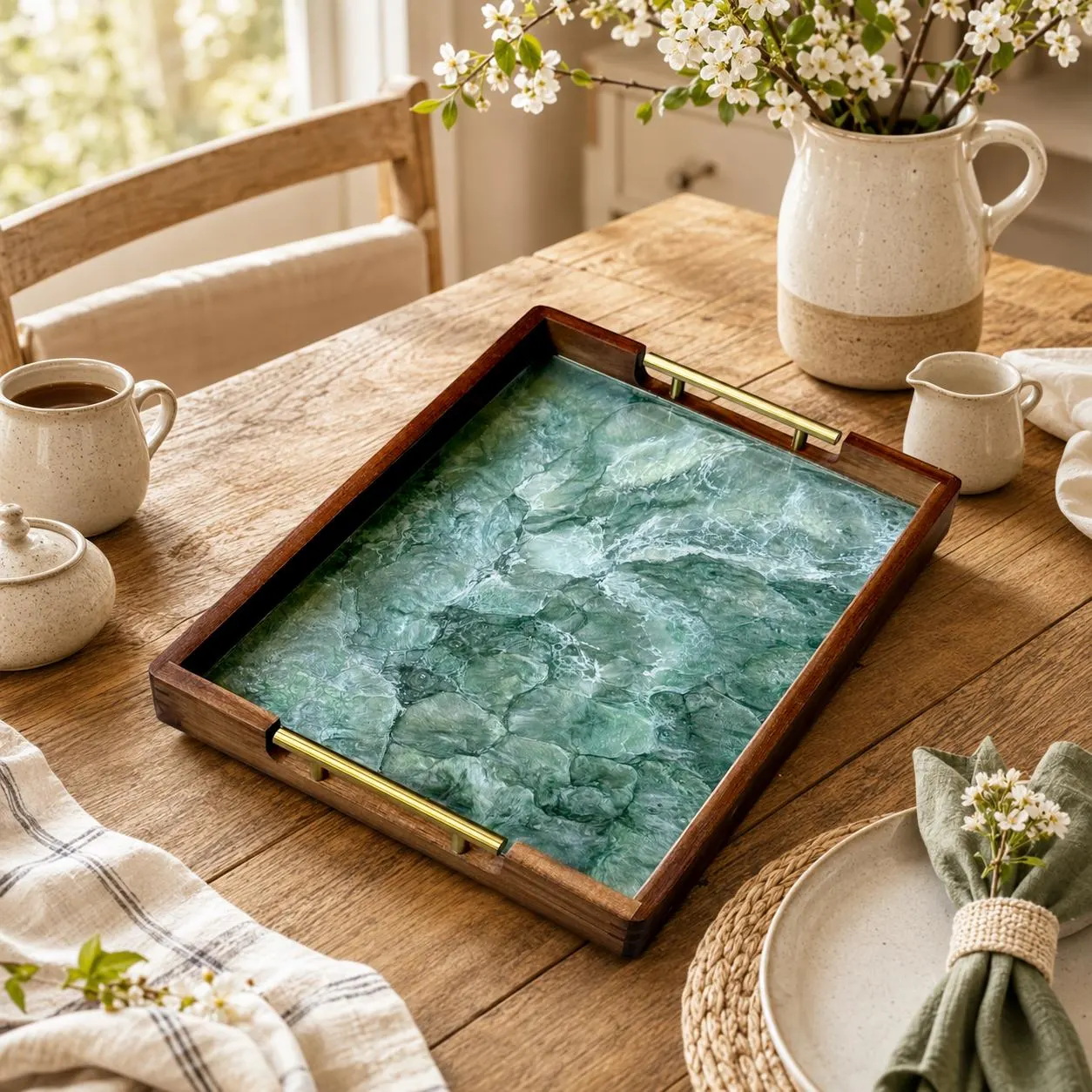 Acacia wood tray green geode design, 17x13x2 inches, hand poured food safe epoxy resin, tv tray, home decor