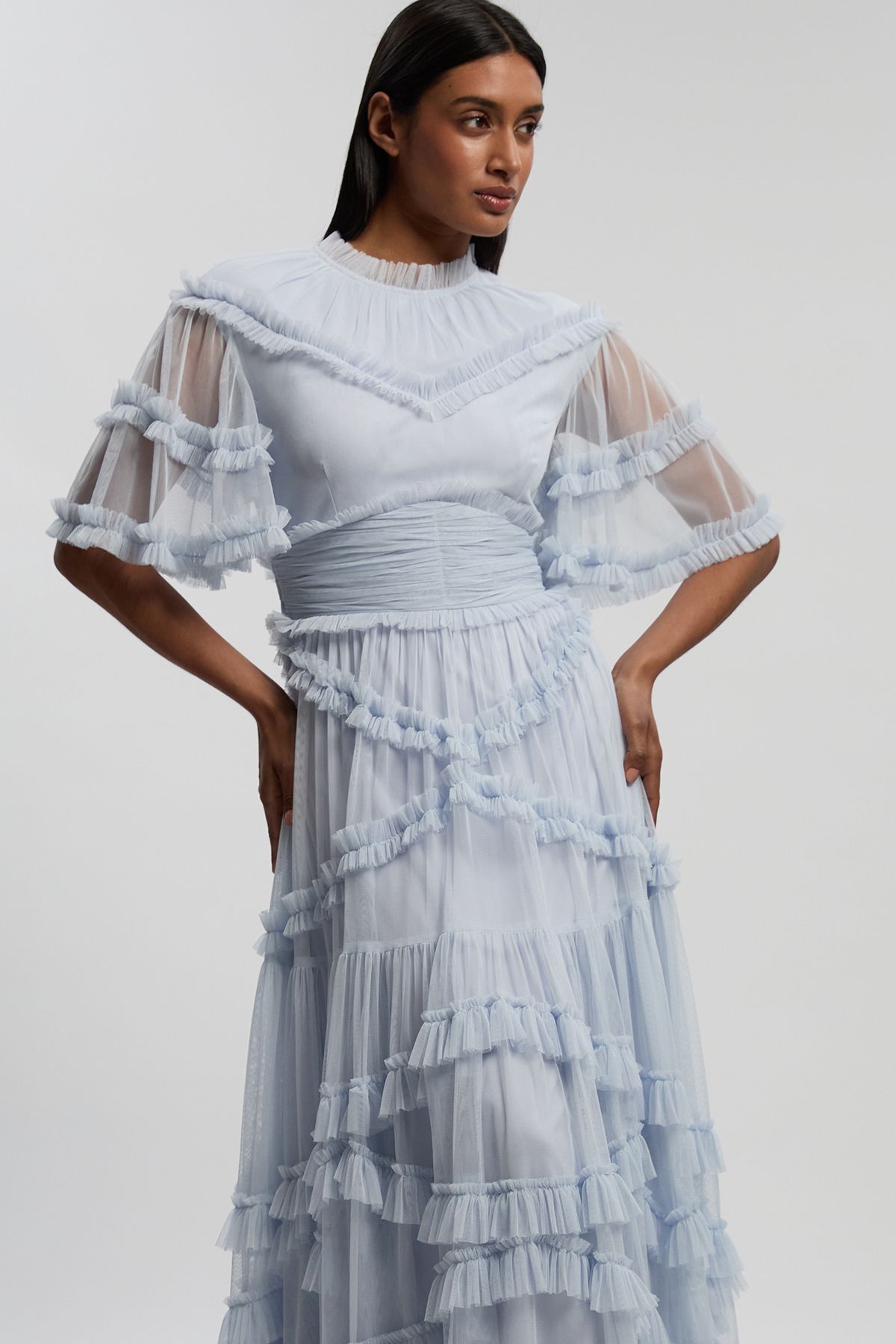 KarenMillen Tulle Ruffle Detail Woven Maxi Dress