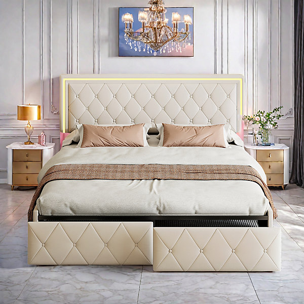 Lit double 140x200 cm rembourré avec LED, tête réglable, 4 tiroirs, coffre de rangement et sommier,Blanc cassé