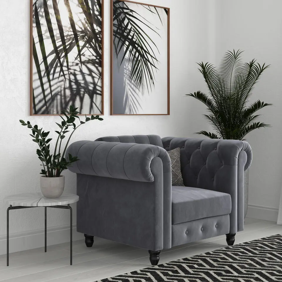 Felix - Fauteuil chesterfield in antraciet fluweel