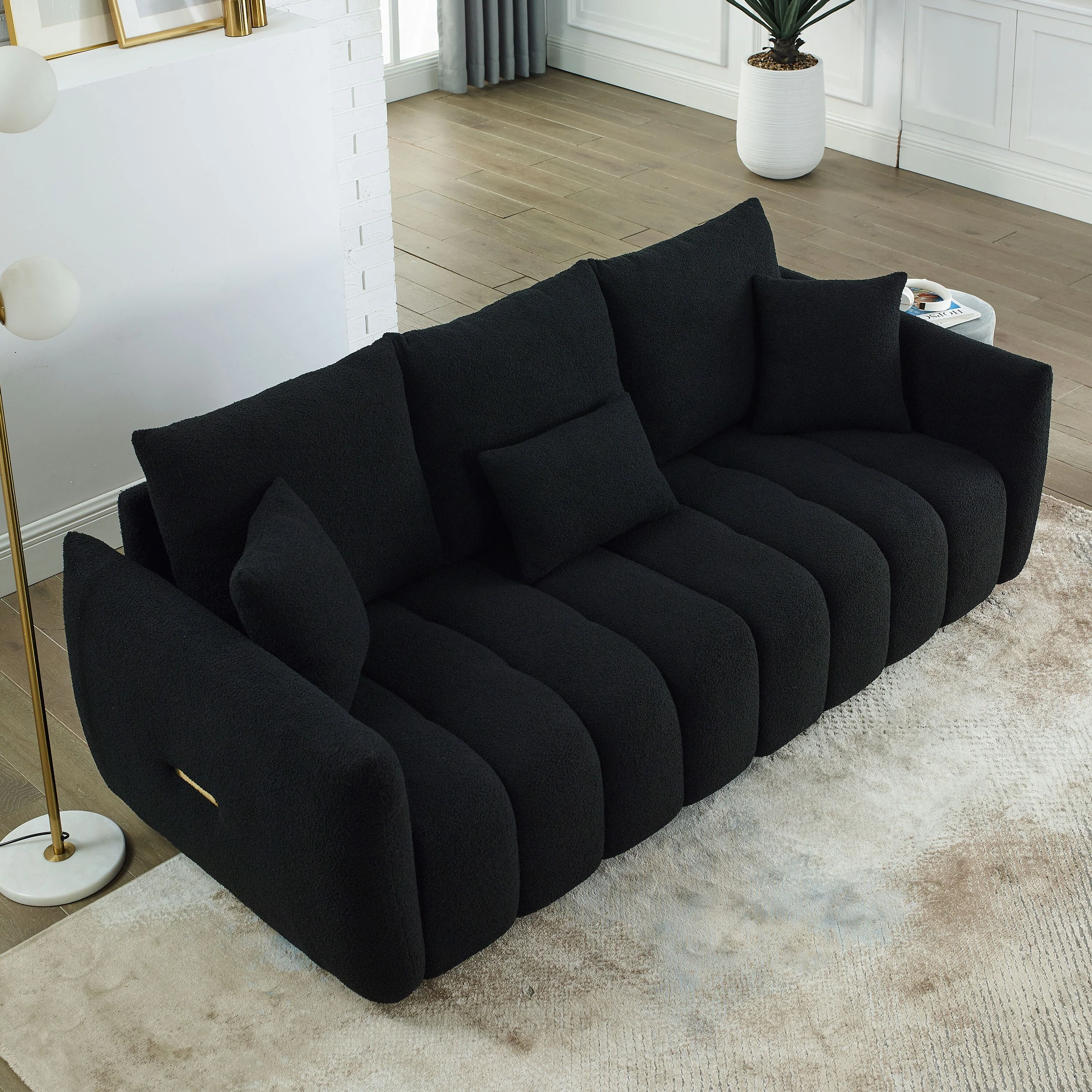 Black Modern 82 Fabric 3 Seater Sofa Couch with Solid Wood Frame, High-Resilience Foam Cushions, and 3 Back Pillows
