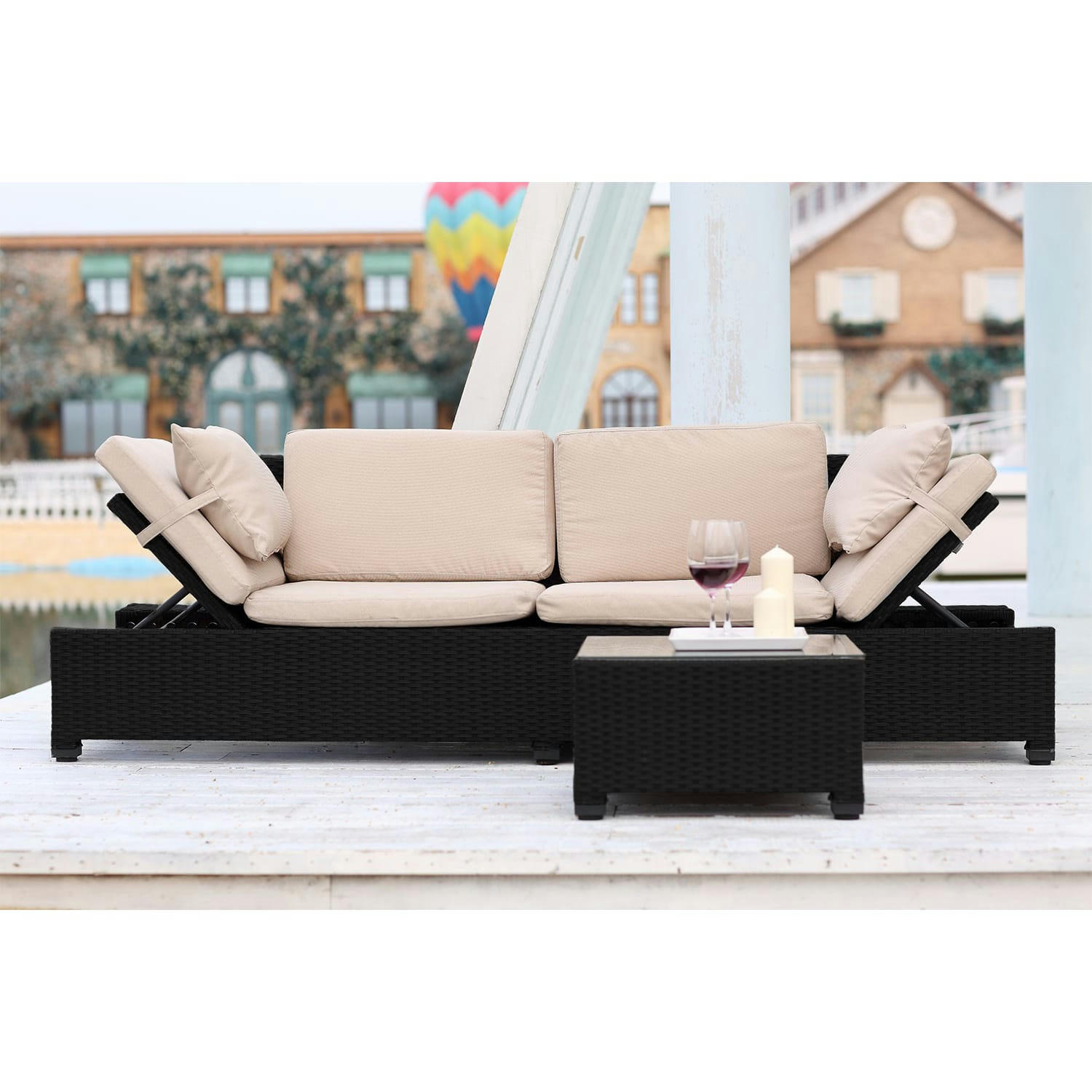 CORFOU - Salon de jardin en résine tressée écru et noir