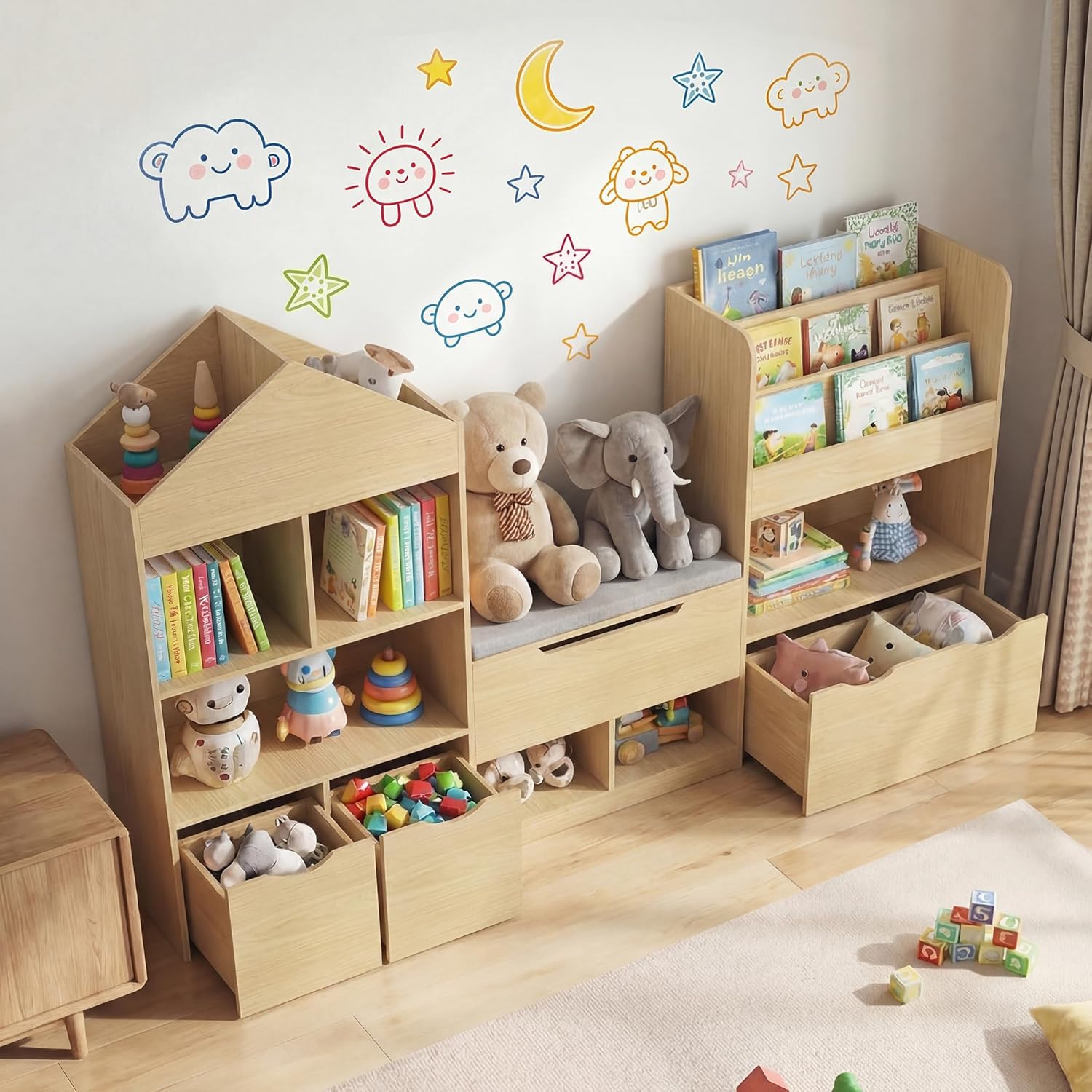 72 Kids Castle Bookshelf with Reading Nook, Large Toy Storage Organizer with Seat Cushion, 4 Drawers, Wheels, Kids Bookshelf and Bookcase w/8 Cubbies for Playroom, Nursery, Bedroom (Burlywood)