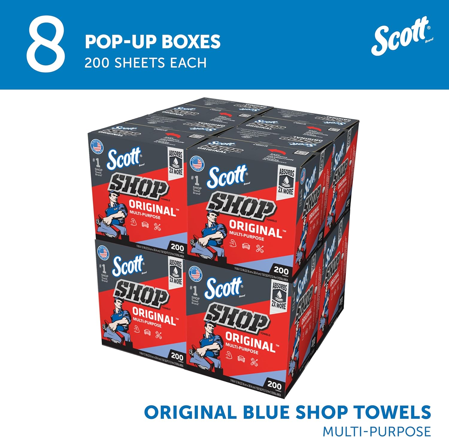 Scott Shop Original Blue Towels (75190), 9x12 Cloth-like Paper Towel (8 Boxes of 200 Sheets, 1,600 Sheet Total)