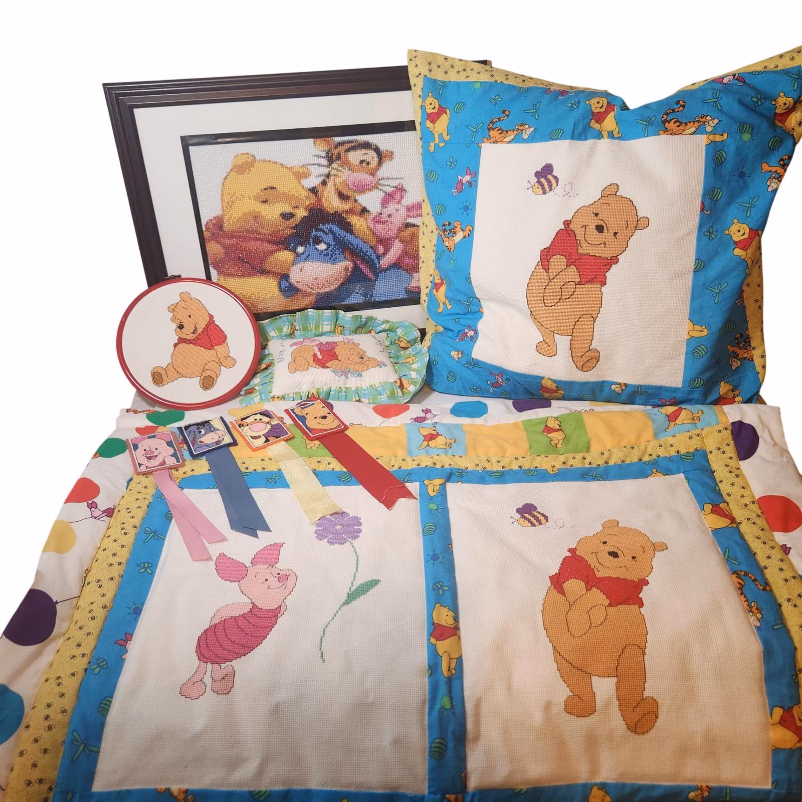 Handmade Disney Winnie Pooh Cross Stitch Nursery DecorSet Quilt Art 9pc 200 hrs