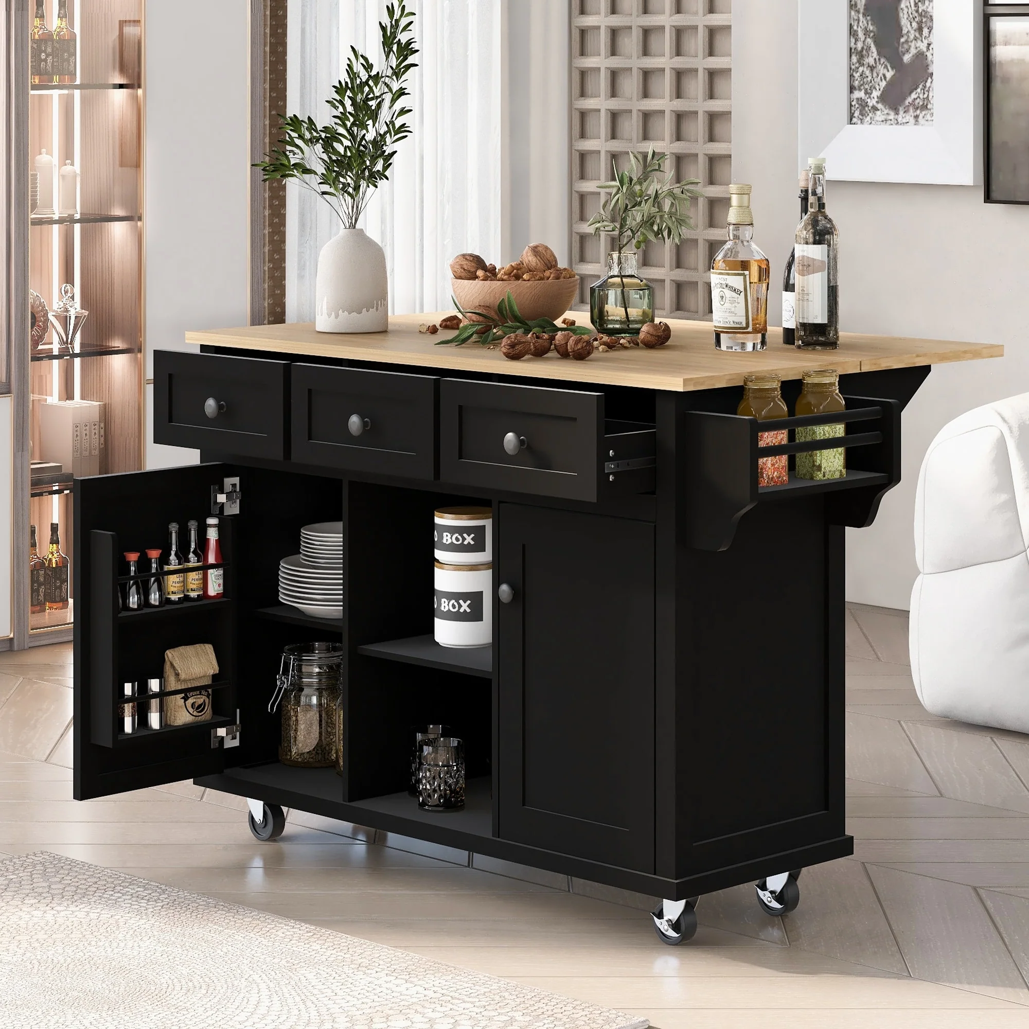 Kitchen Island Cart with Solid Wood Top and Locking Wheels