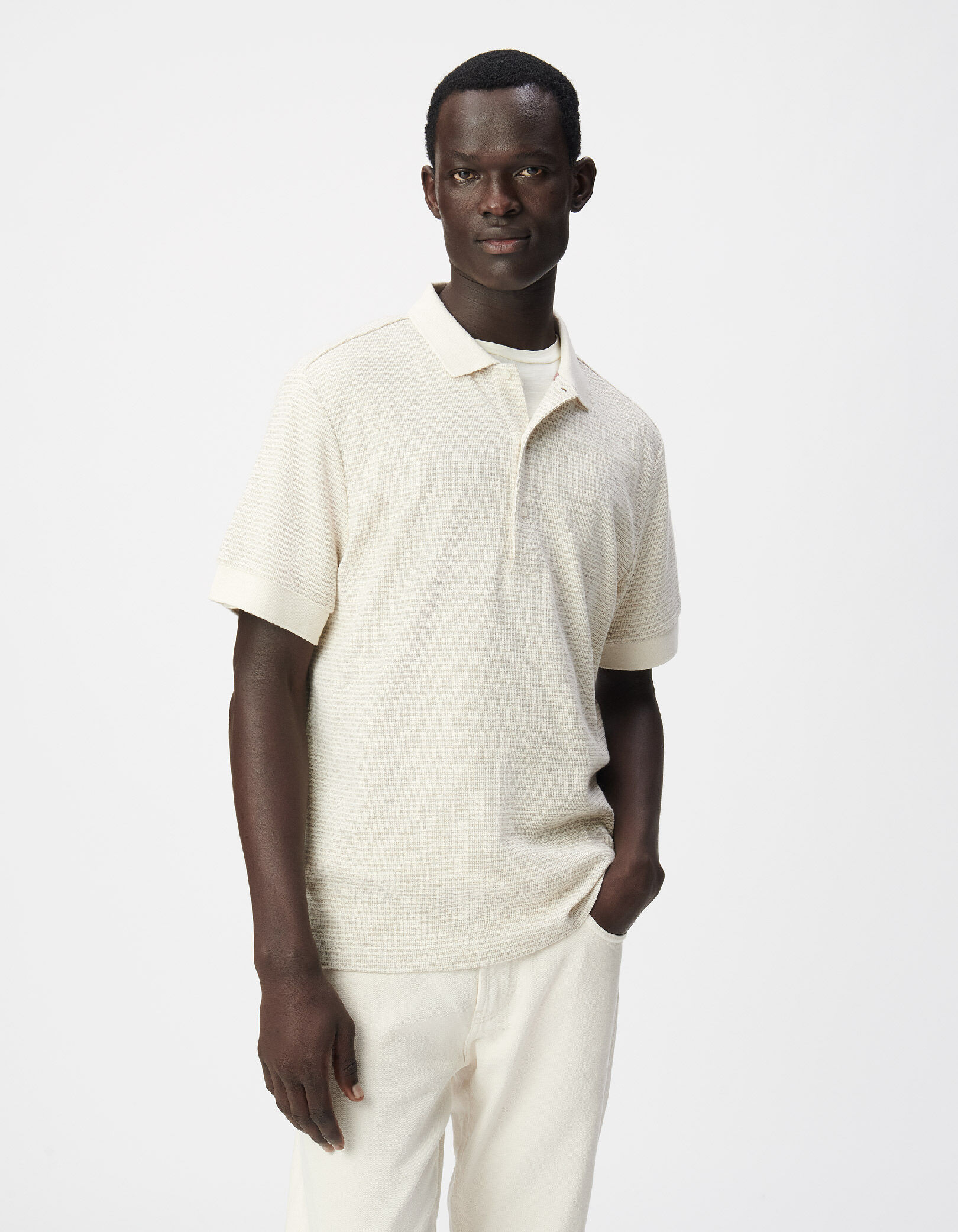 Polo manches courtes beige fines rayures Homme