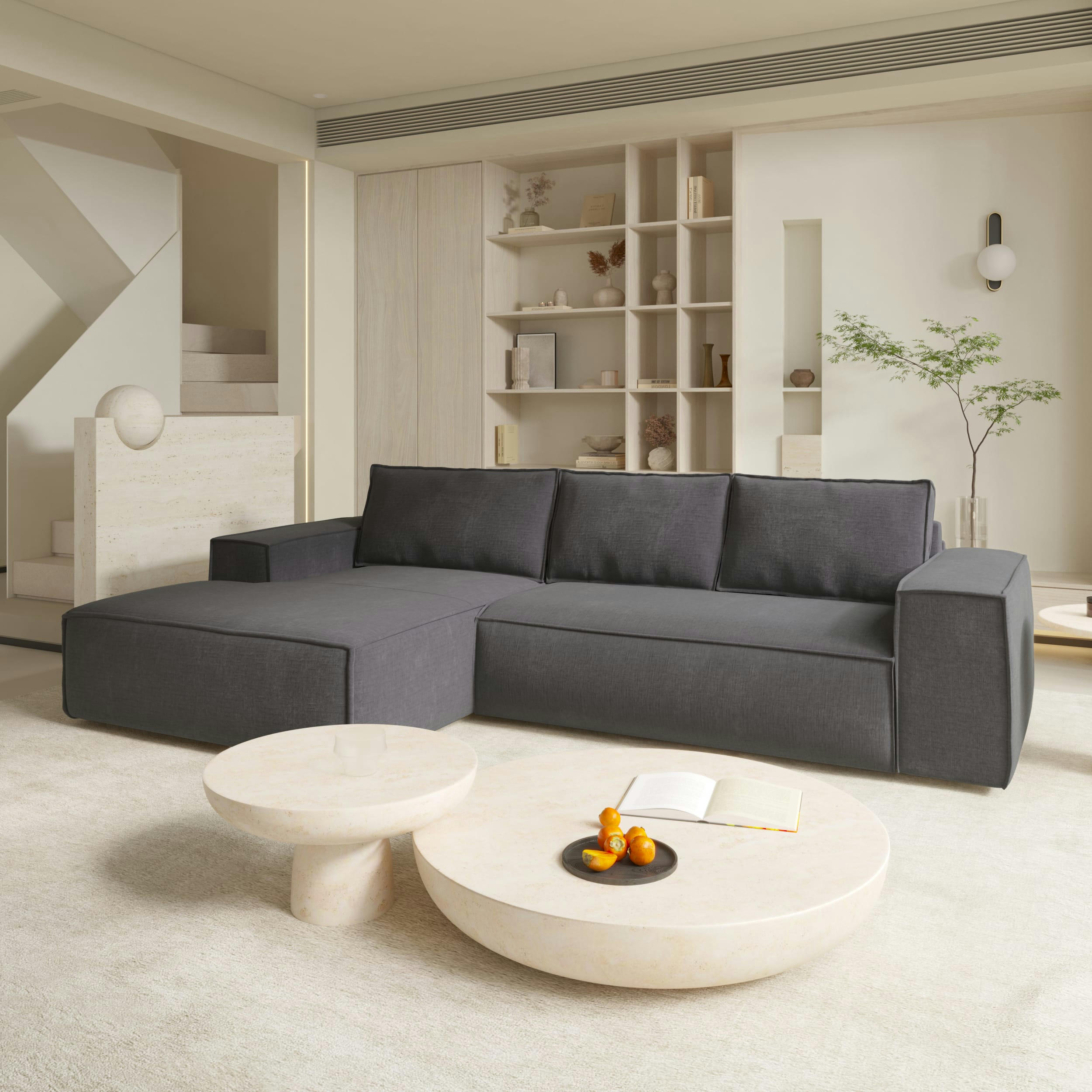 JOAN - Canapé convertible angle gauche dunlopillo velours texturé gris 140cm