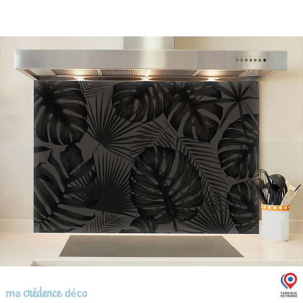 Crédence cuisine fond de hotte feuillage tropicale noir - Verre trempé - L 90 cm x H 70 cm - MaCrédenceDéco