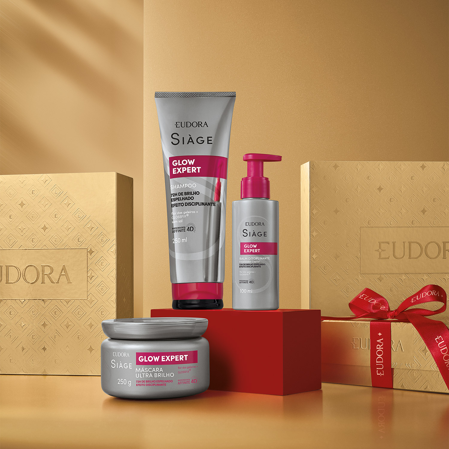 Kit Presente Siàge Glow Expert: Shampoo 250 ml   Máscara Capilar Ultra Brilho 250g   Balm Disciplinante Finalizador Capilar 100 ml