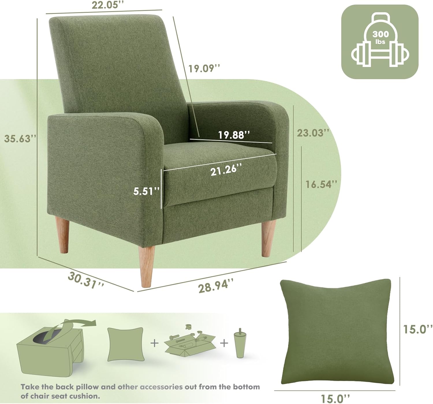 COLAMY Mid-Century Modern Upholstered Accent Chair with Back Pillow & Solid Wood Legs, Fabric Cozy Armchair for Living Room, Bedroom, Reading Nook, Apartment & Small Spaces, Green