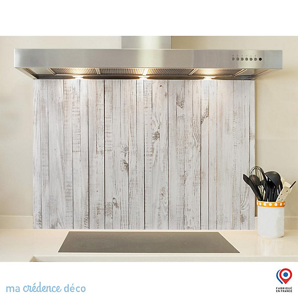 Crédence cuisine fond de hotte Bois peint en blanc - Verre trempé - L 90 cm x H 60 cm - MaCrédenceDéco