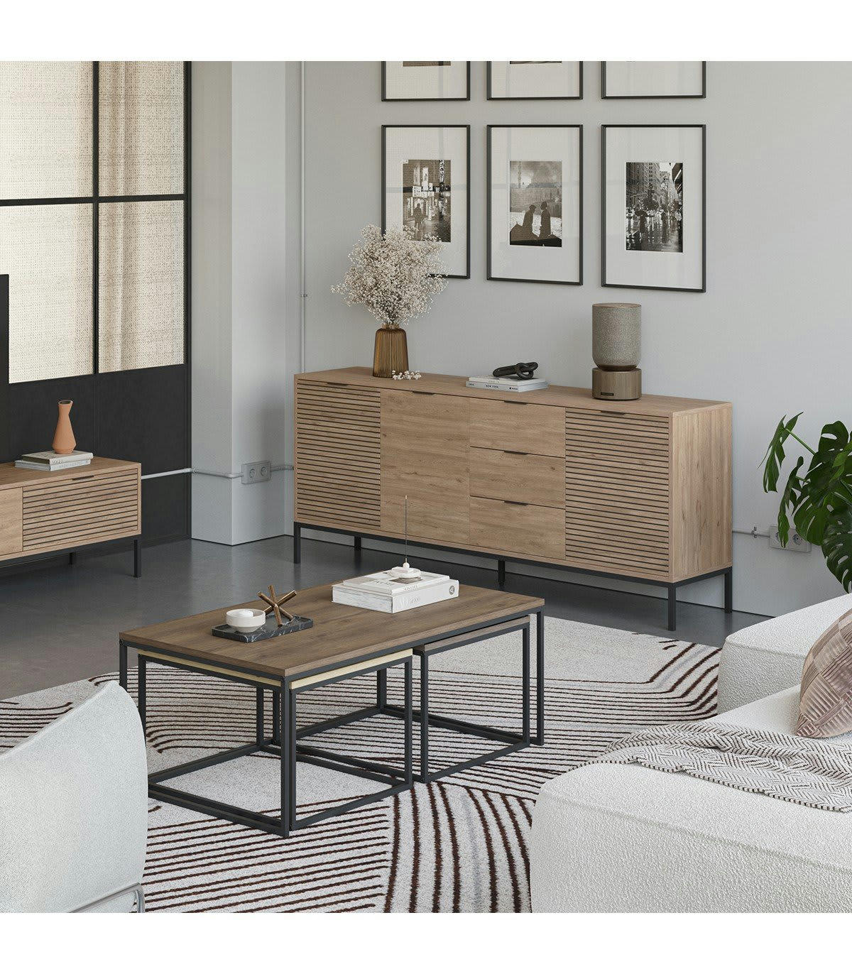 ARIEL - Buffet 3 portes 3 tiroirs décor chêne, rainures noires - L180 cm