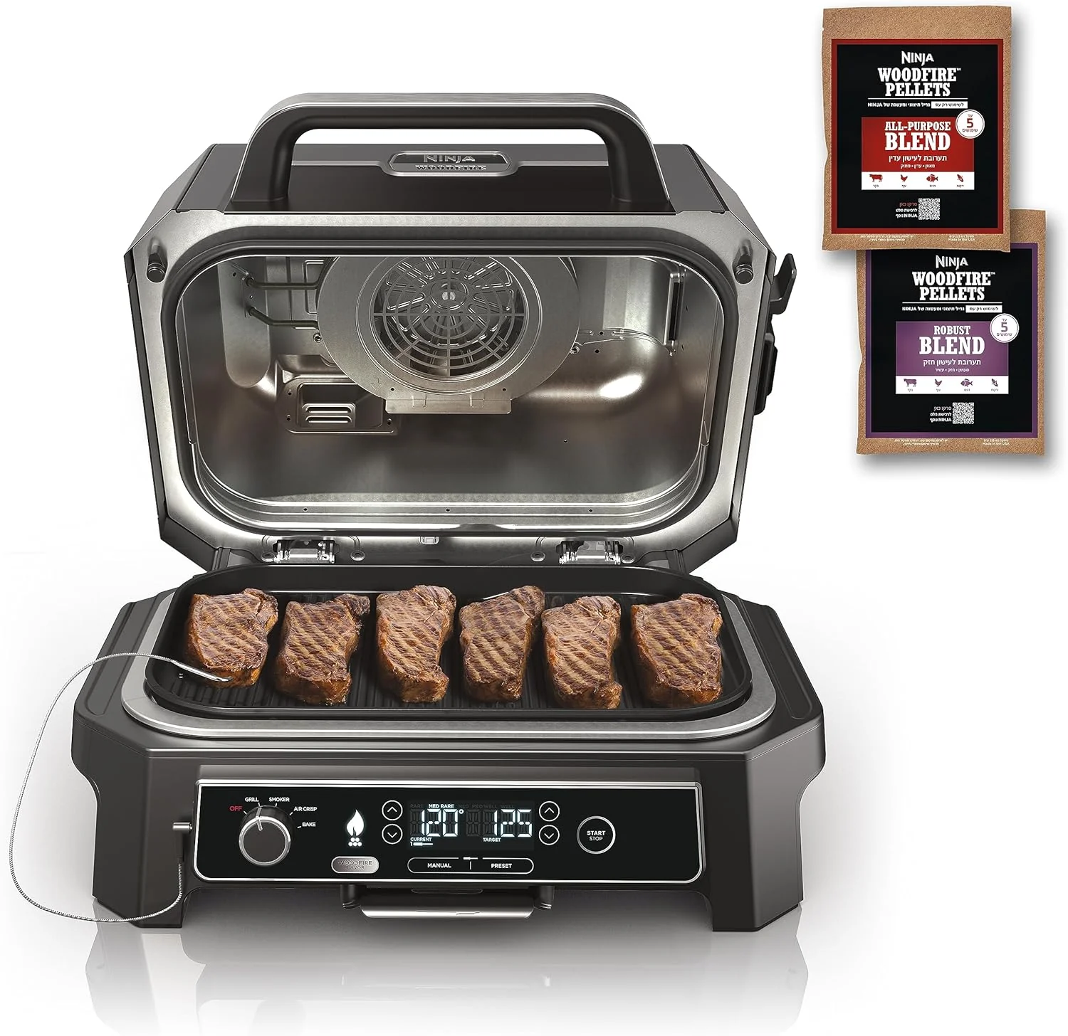 7-in-1 Grill  Smoker with Thermometer, Air Fryer, BBQ, Bake, Roast, Broil - Portable Electric Outdoor Grill, Grey(XL Grill + Thermometer)