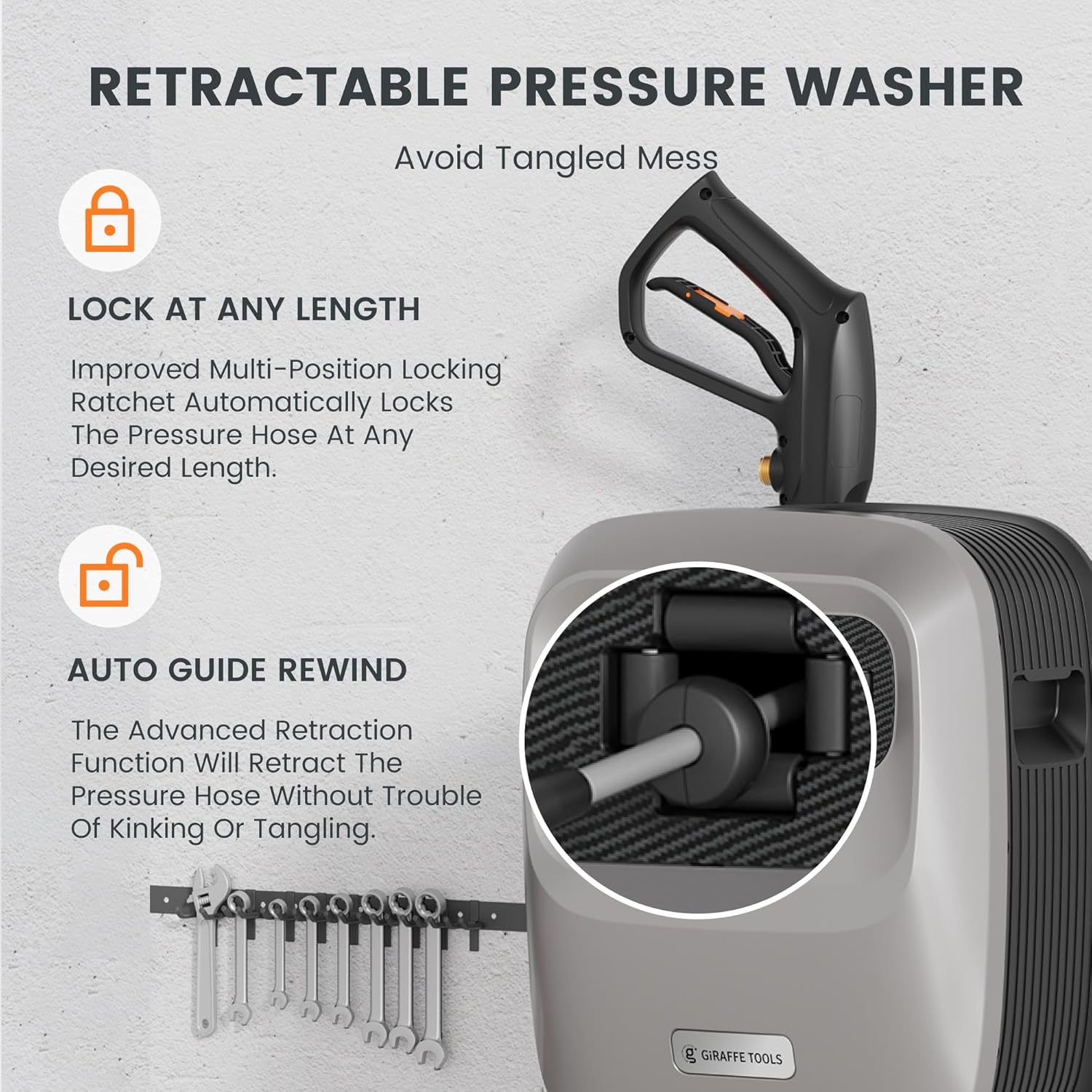 Giraffe Tools Grandfalls Retractable Pressure Washer G20  2500 PSI 2.2 GPM  Wall Mounted with 65FT Hose Reel  4 Nozzles for Floor/Cars/Fences/Patios  Light Silver Case with Grey Pressure Hoses