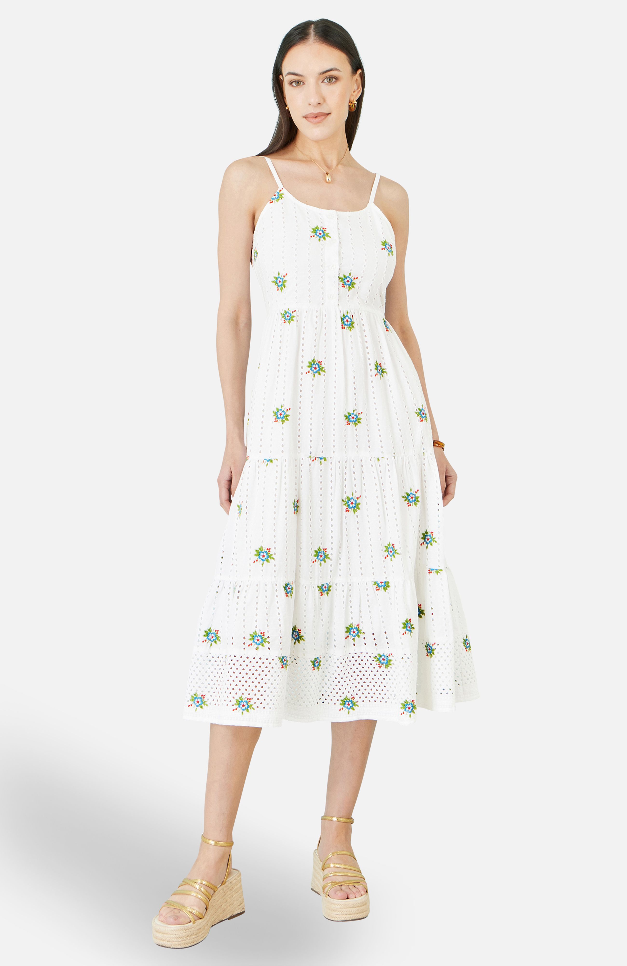 Yumi White Cotton Embroidered Broderie Anglaise Midi Sun Dress