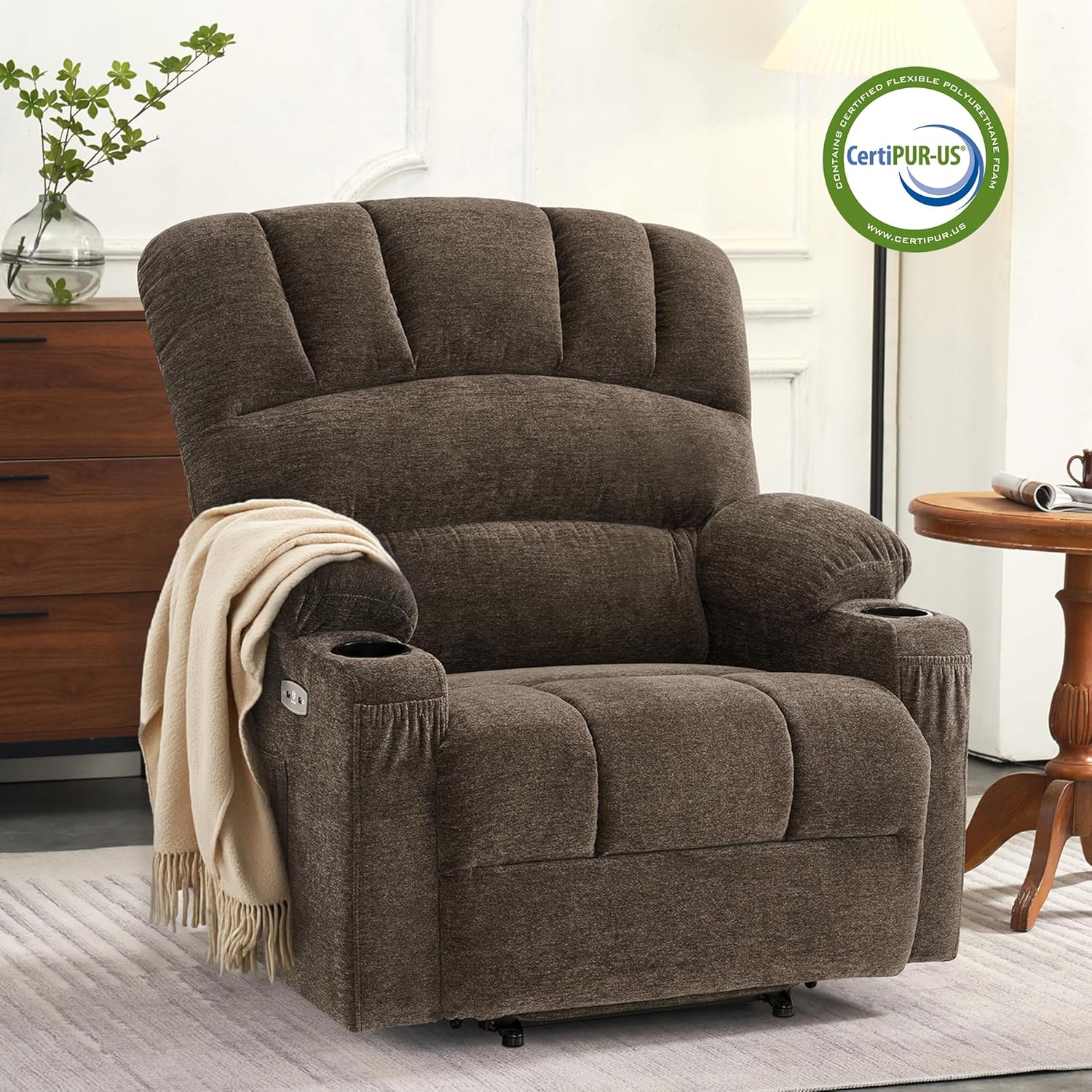 MCombo Oversized Power Lift Recliner Chair for Elderly, Lift Chair with Heat and Massage, Lift Recliner for Big and Tall, Cup Holders, USB & Type C Ports, Fabric R7092 (Mocha, Oversize)