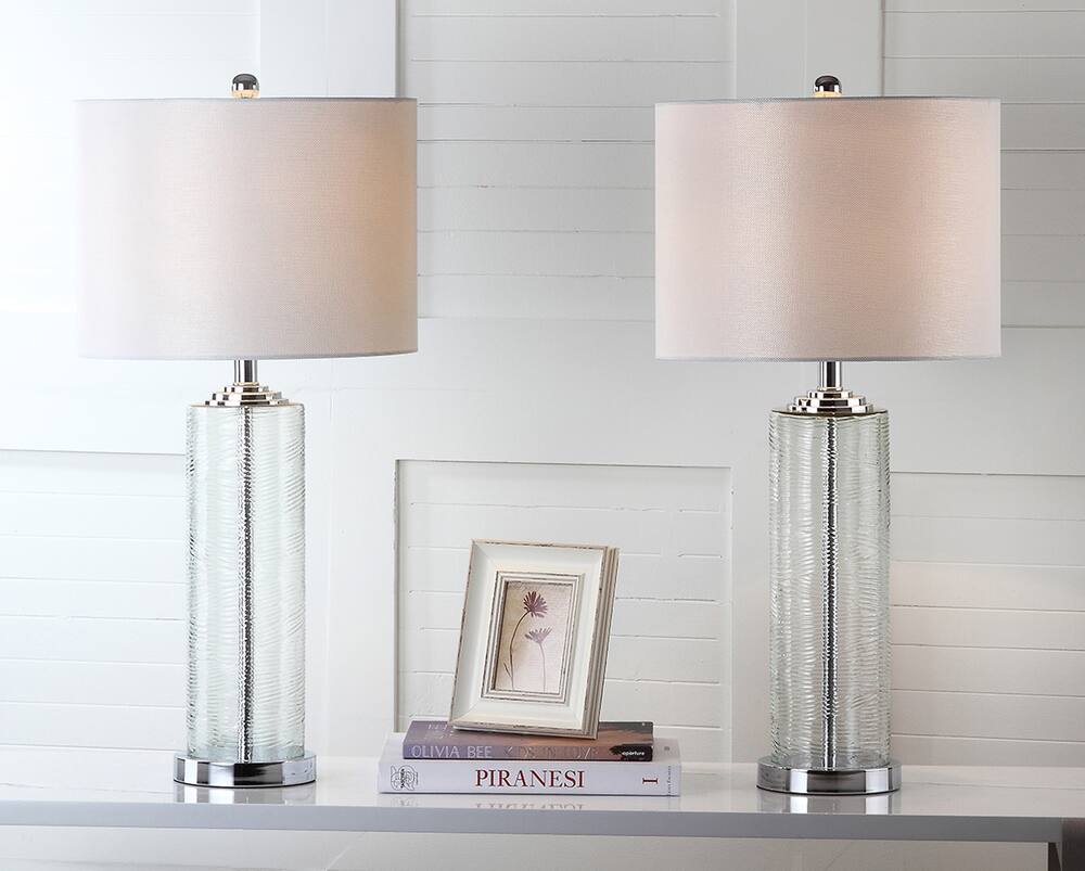 Safavieh Grant Cotton Drum Shade Table Lamp Set, 29-in, Clear/Silver/Ivory, 2-pk