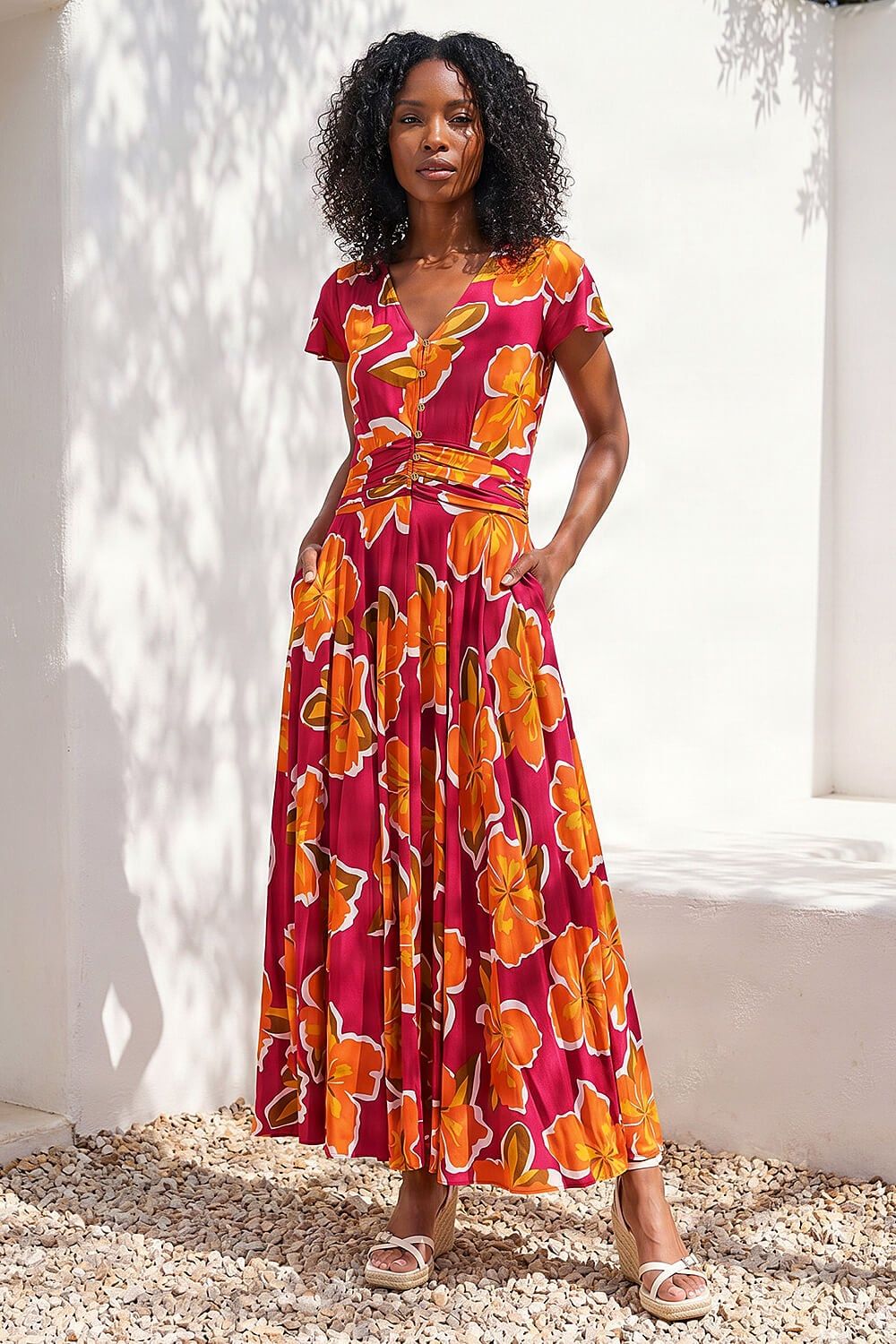 Roman Floral Print Ruched Midi Dress