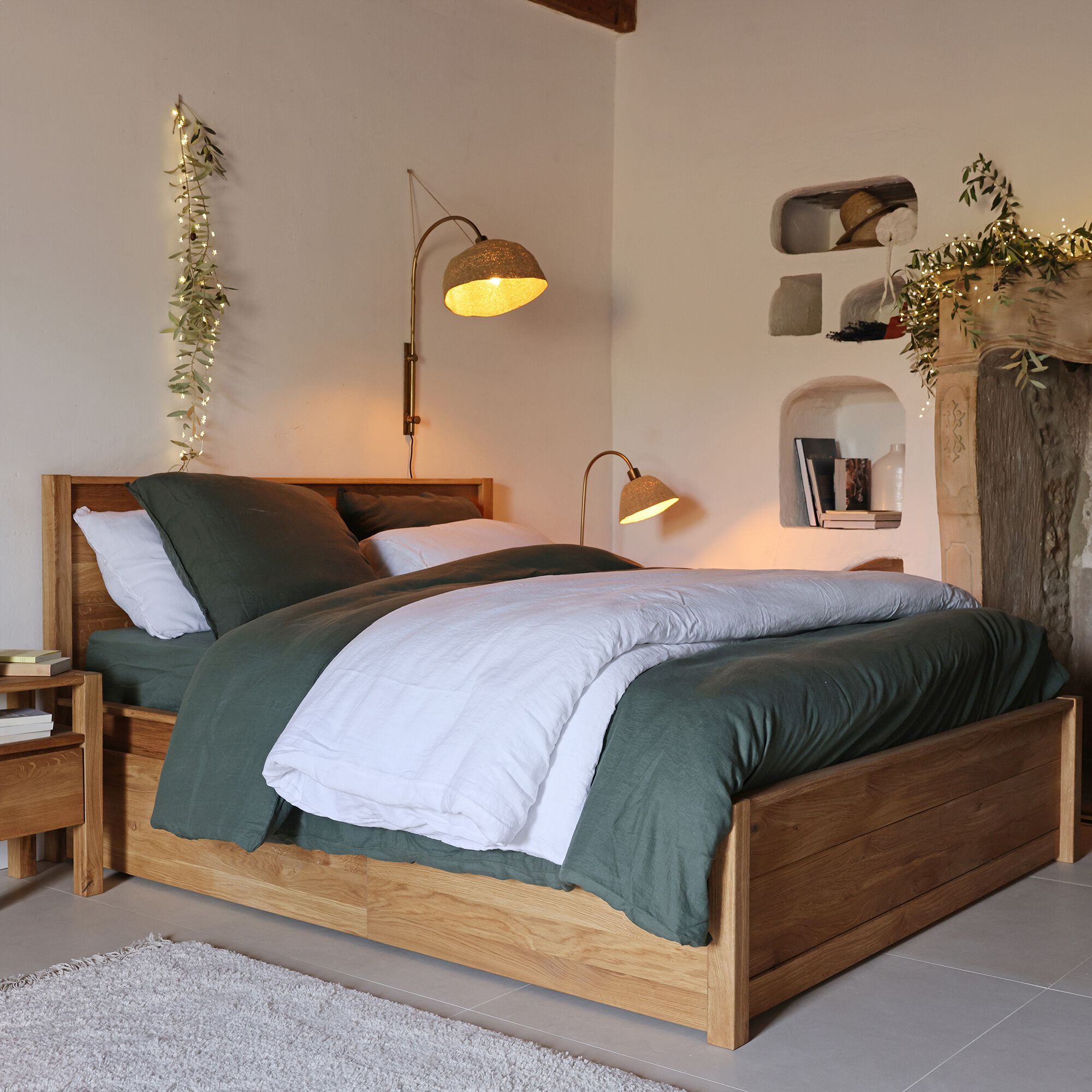 RENO - Lit 2 places en chêne - bois clair 160x200cm