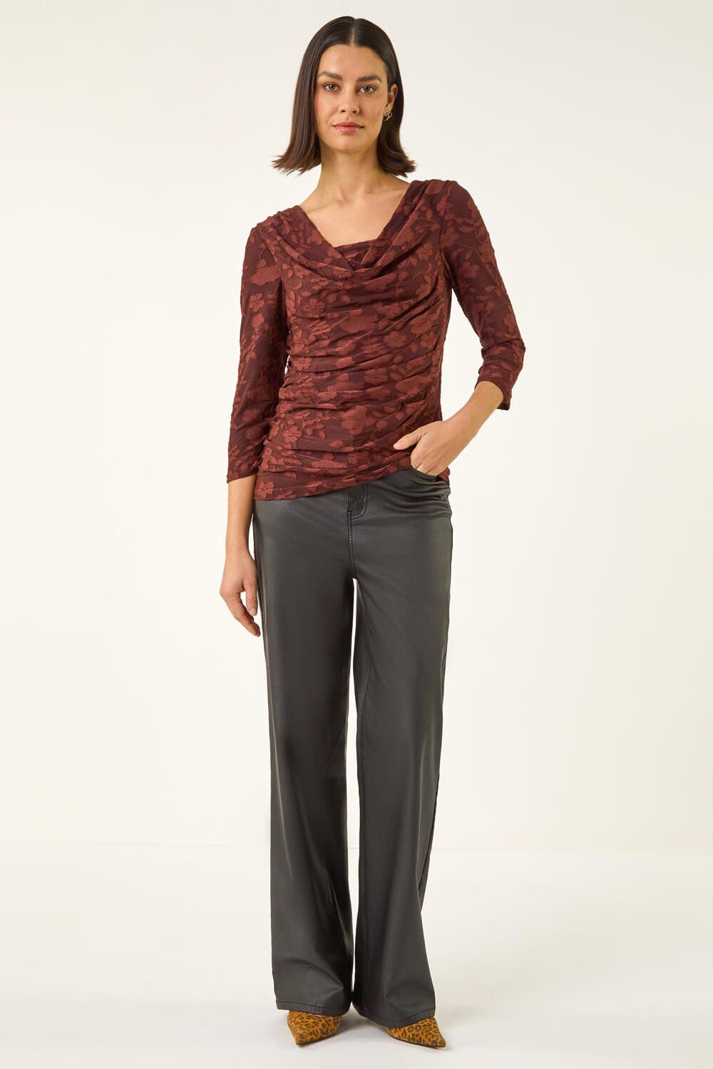 Roman Cowl Neck Jacquard Stretch Top