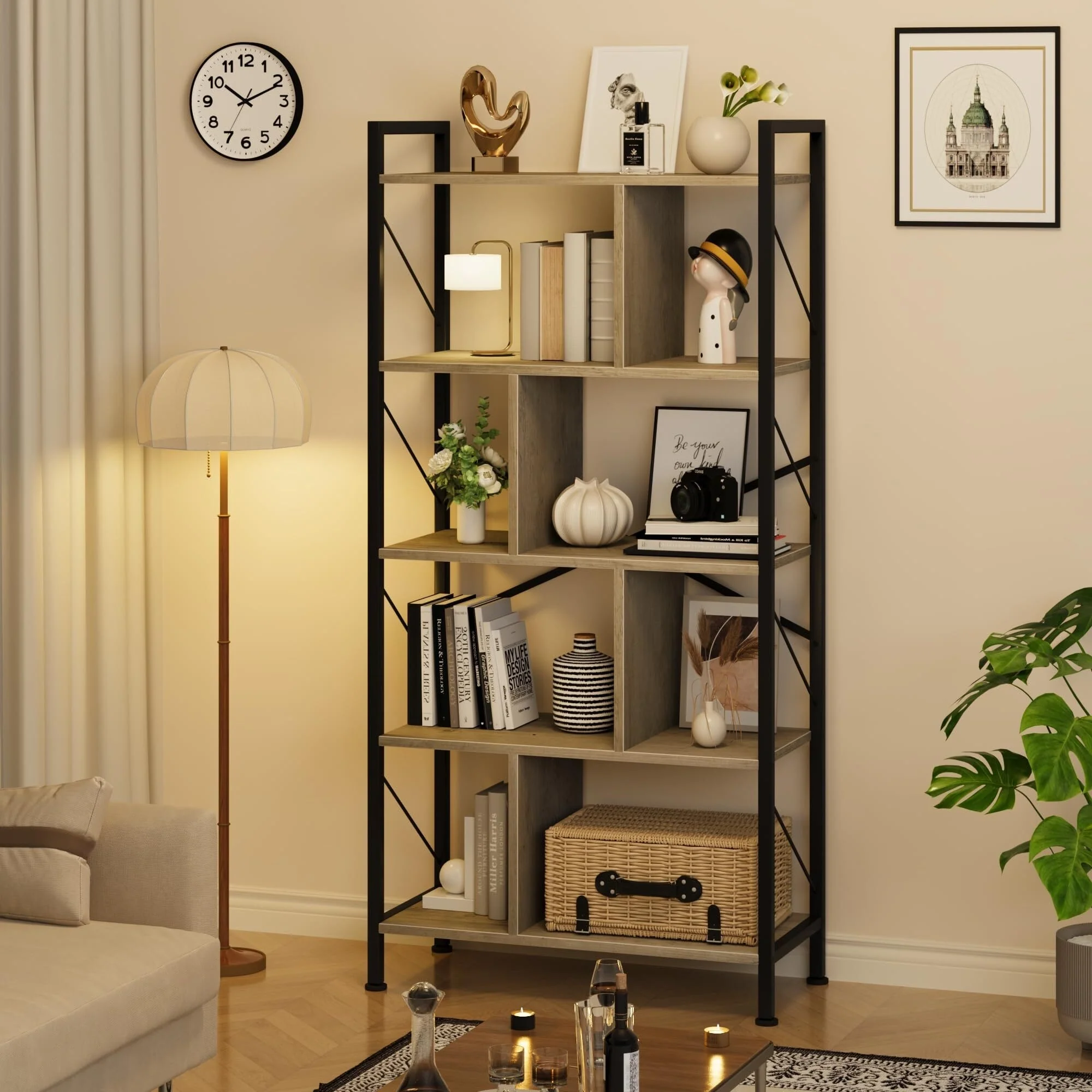 61 Inch Tall Industrial Book Shelf with Open Display Shelves