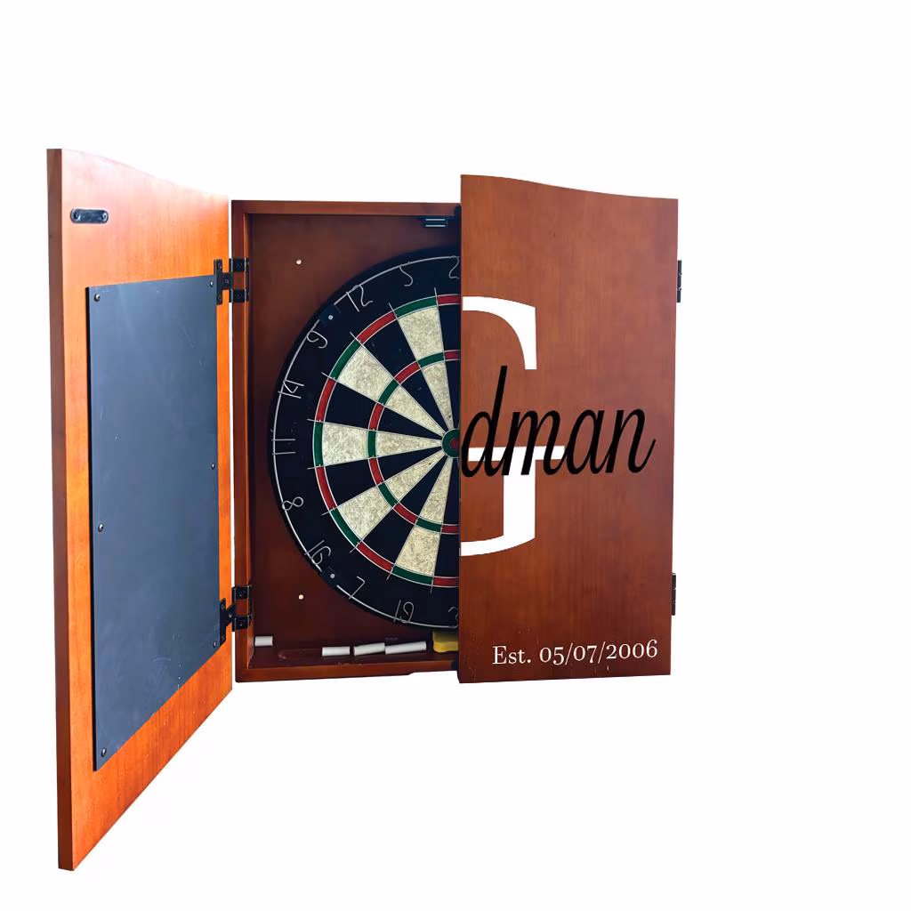 Personalized Dartboard Cabinet - Family Established - Brown Wood Dartboard Cabinet with Chalkboard for Score - Man Cave Gift - Fathers Day