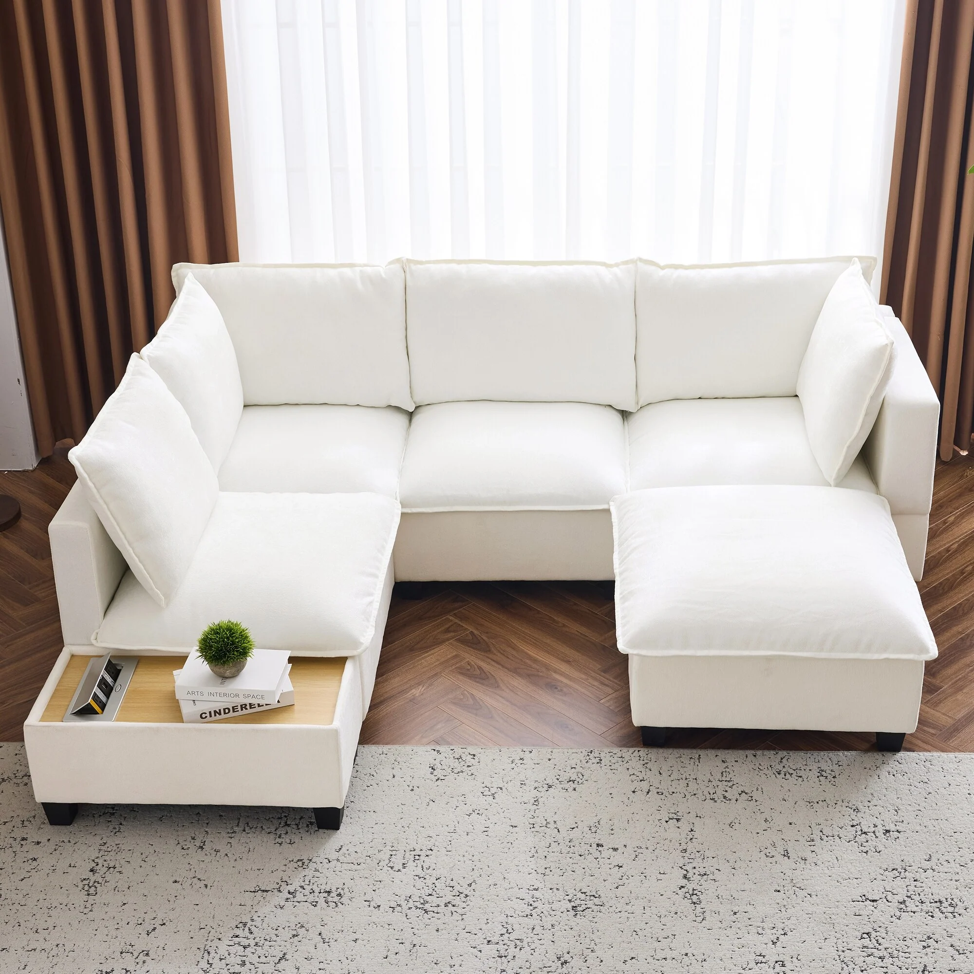 Modern Sectional Sofa with Hidden Charging Coffee Table and Movable Ottoman and Chenille Upholstery for Living Rooms